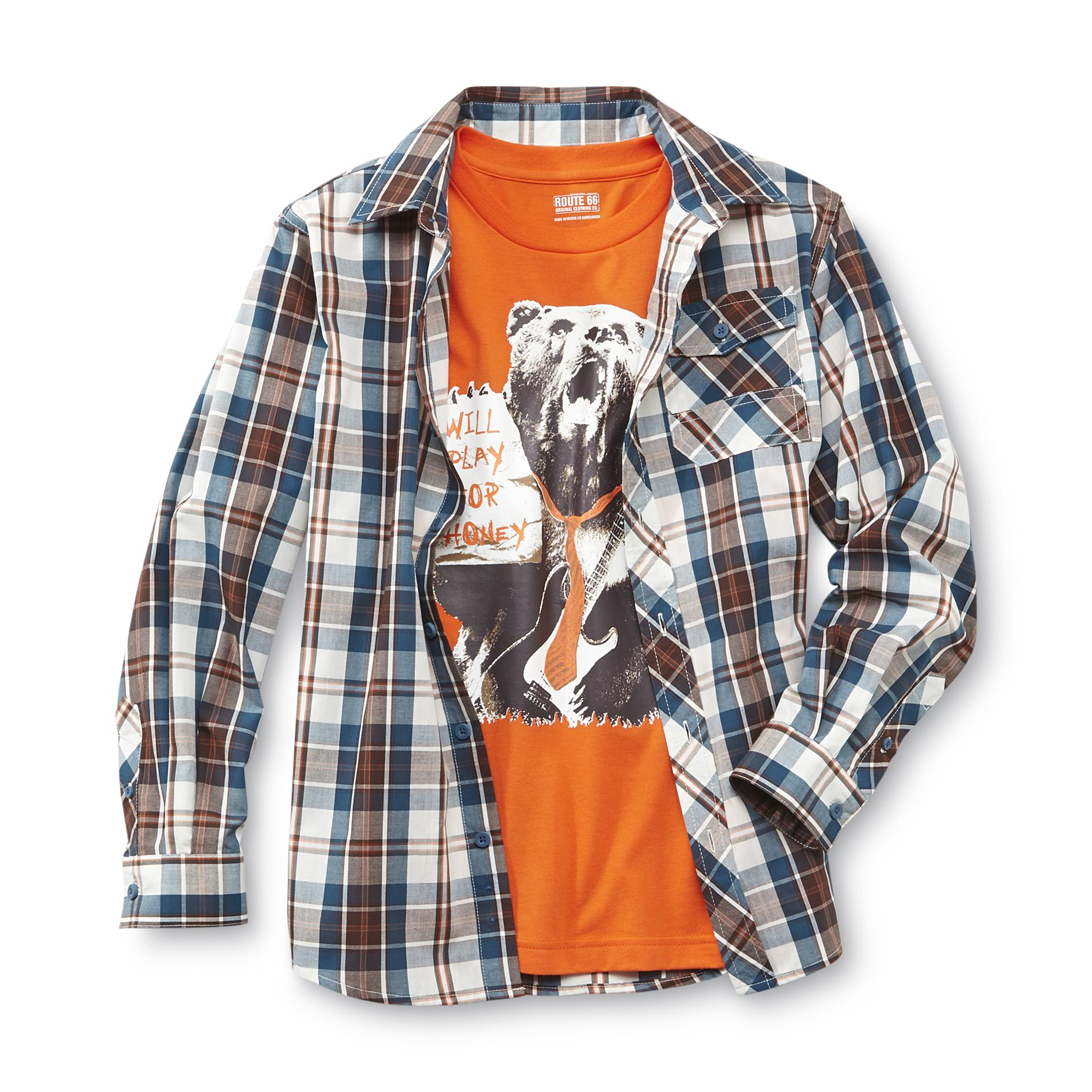 Route 66 Boy's Long-Sleeve Button Shirt & T-Shirt - Guitar Bear