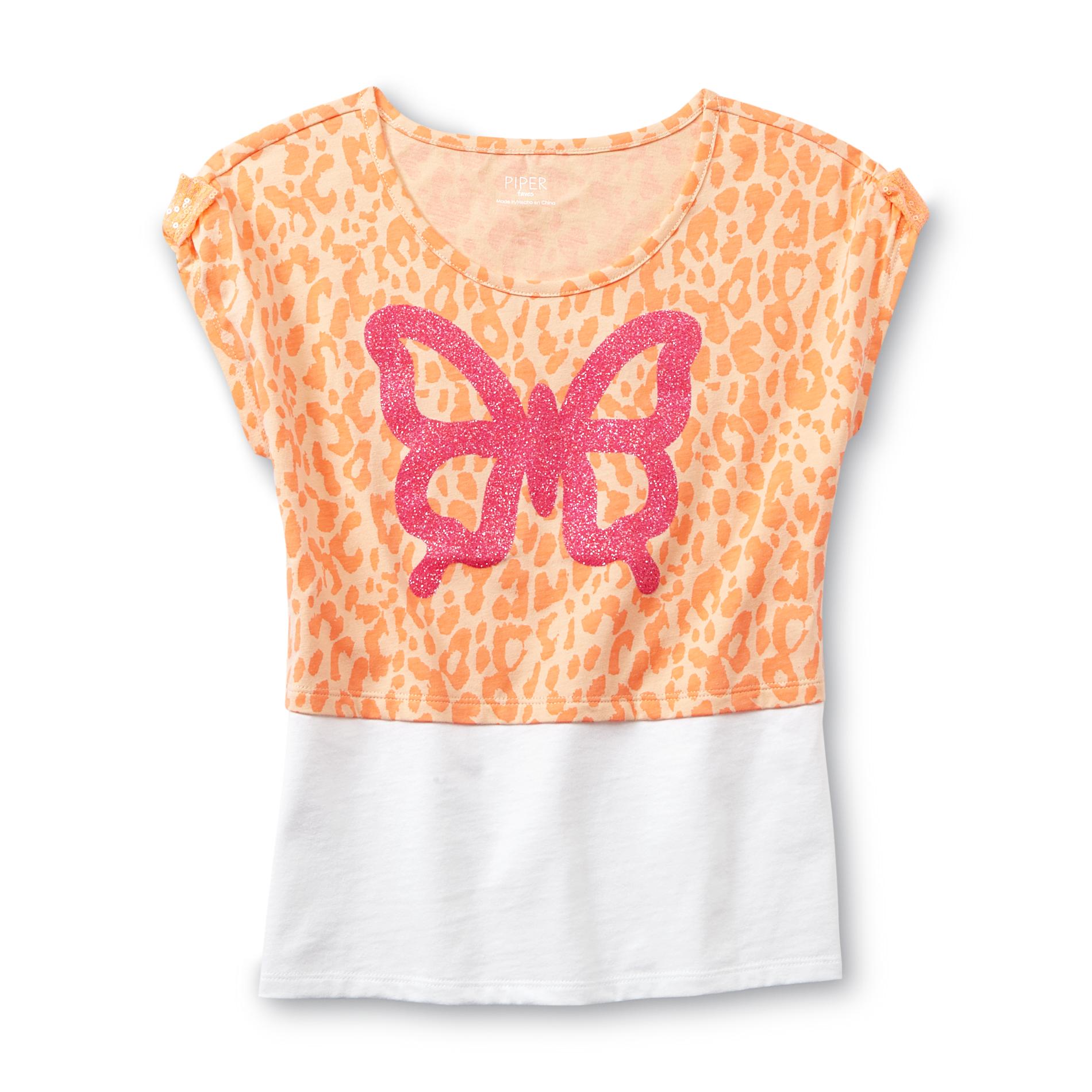 Piper Girl's Top - Leopard Print & Glitter Butterfly