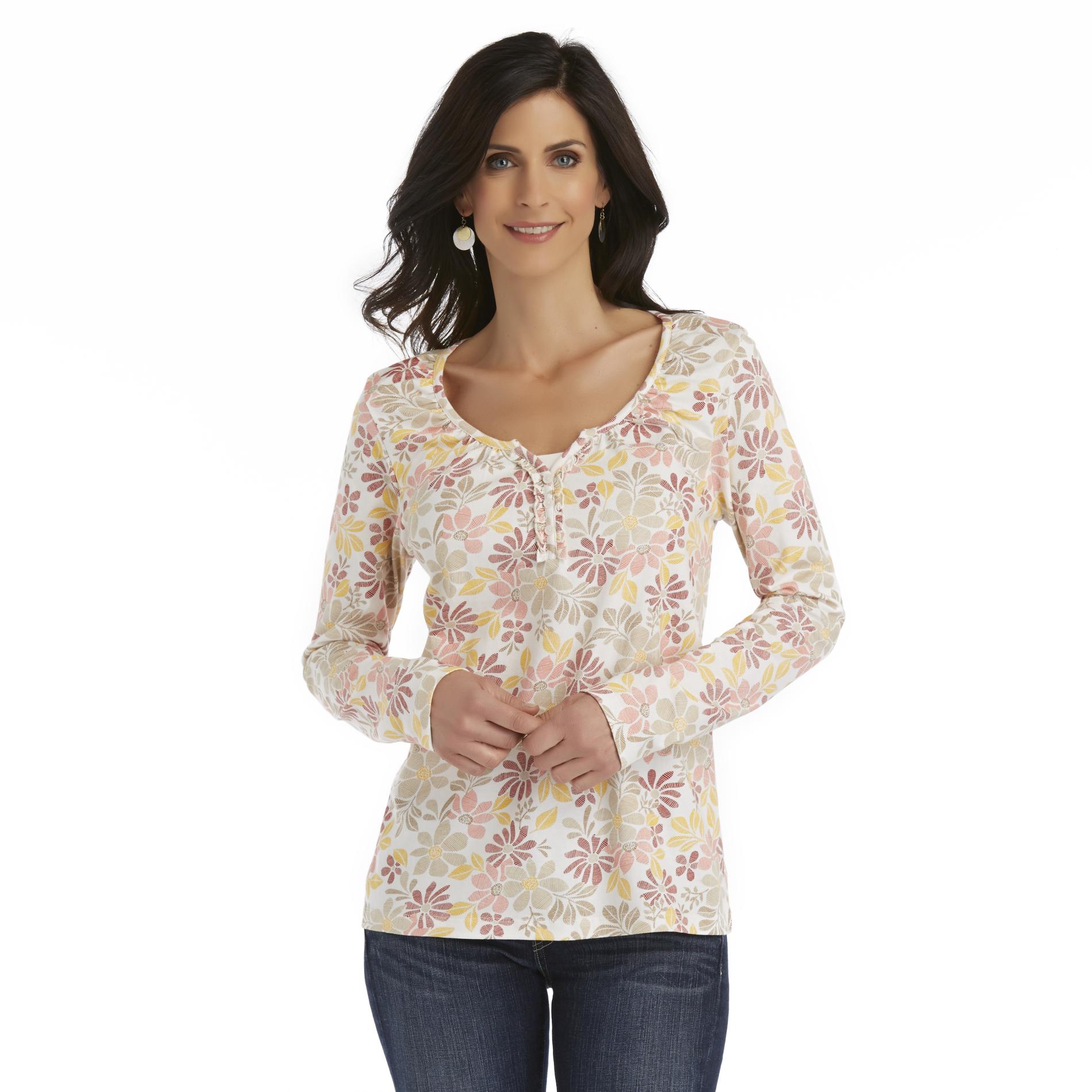 Basic Editions Women's Long-Sleeve Henley Top - Floral