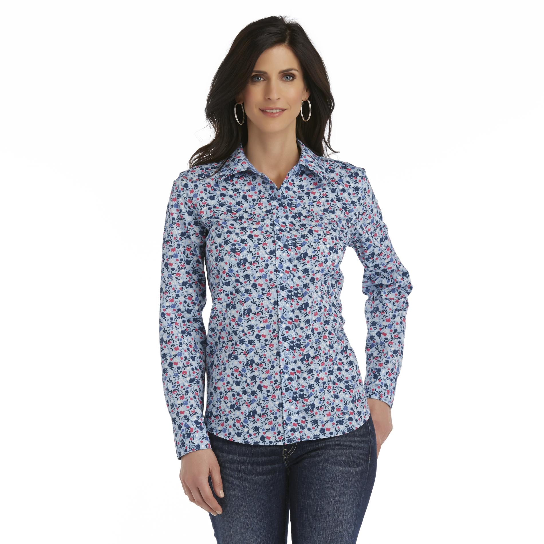 Basic Editions Women's Easy-Care Long-Sleeve Blouse - Floral Print