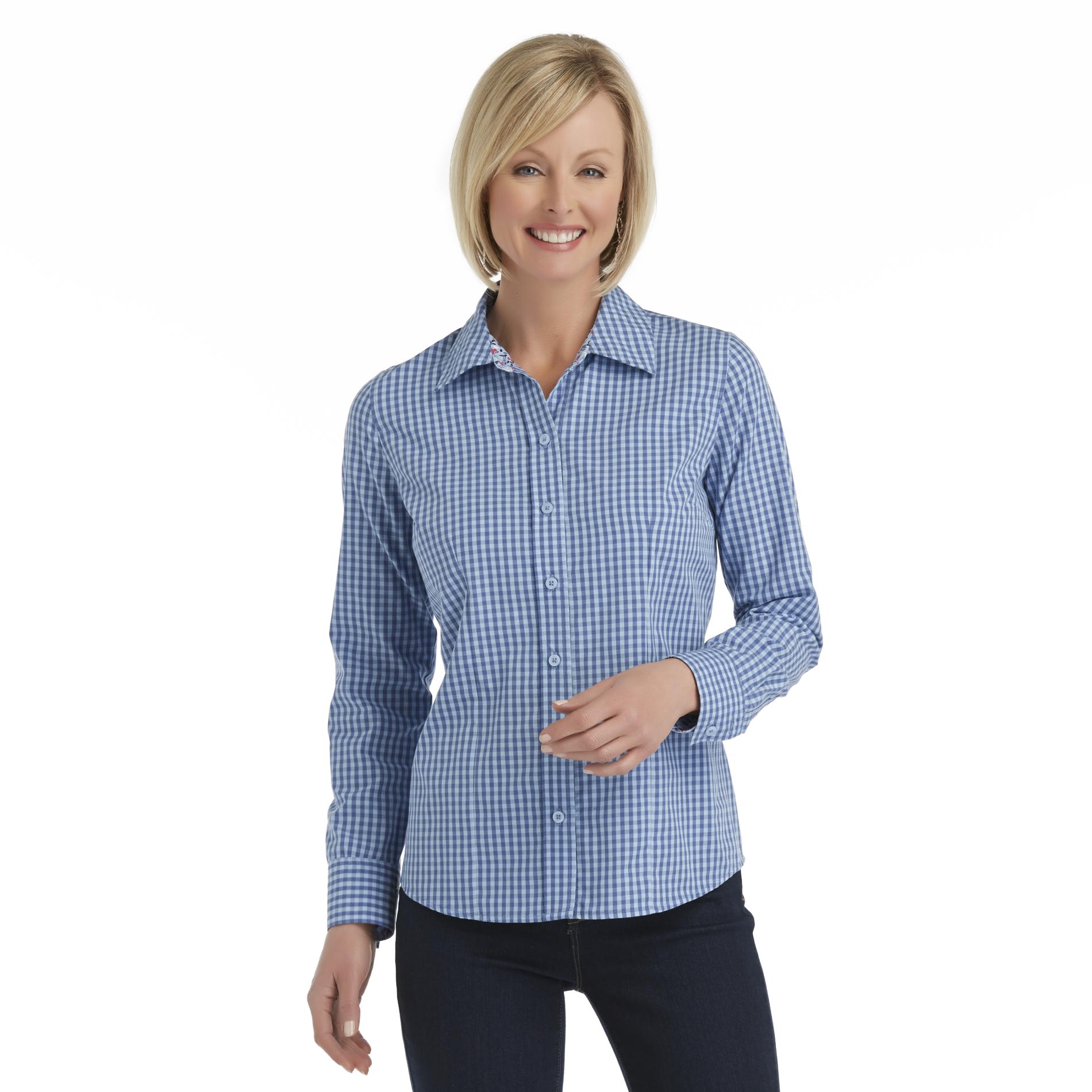 Basic Editions Women's Easy-Care Long-Sleeve Blouse - Gingham