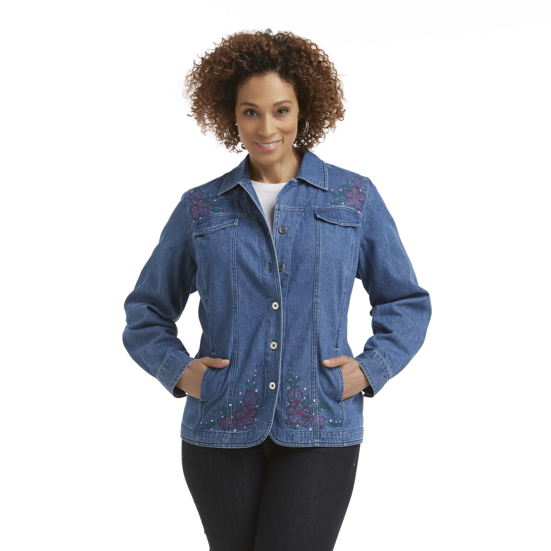 Basic Editions Women's Plus Denim Jacket - Embroidered