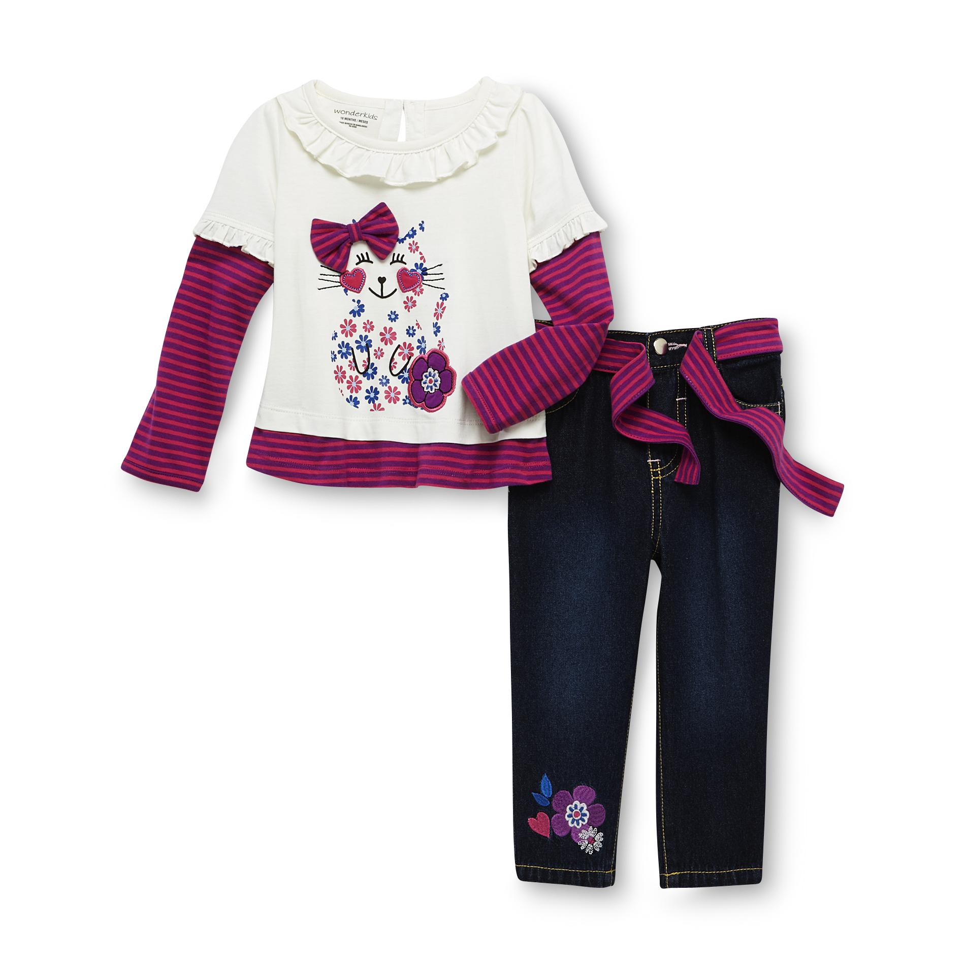 WonderKids Infant Girl's Layered-Look Top  Jeans & Belt - Kitty Cat