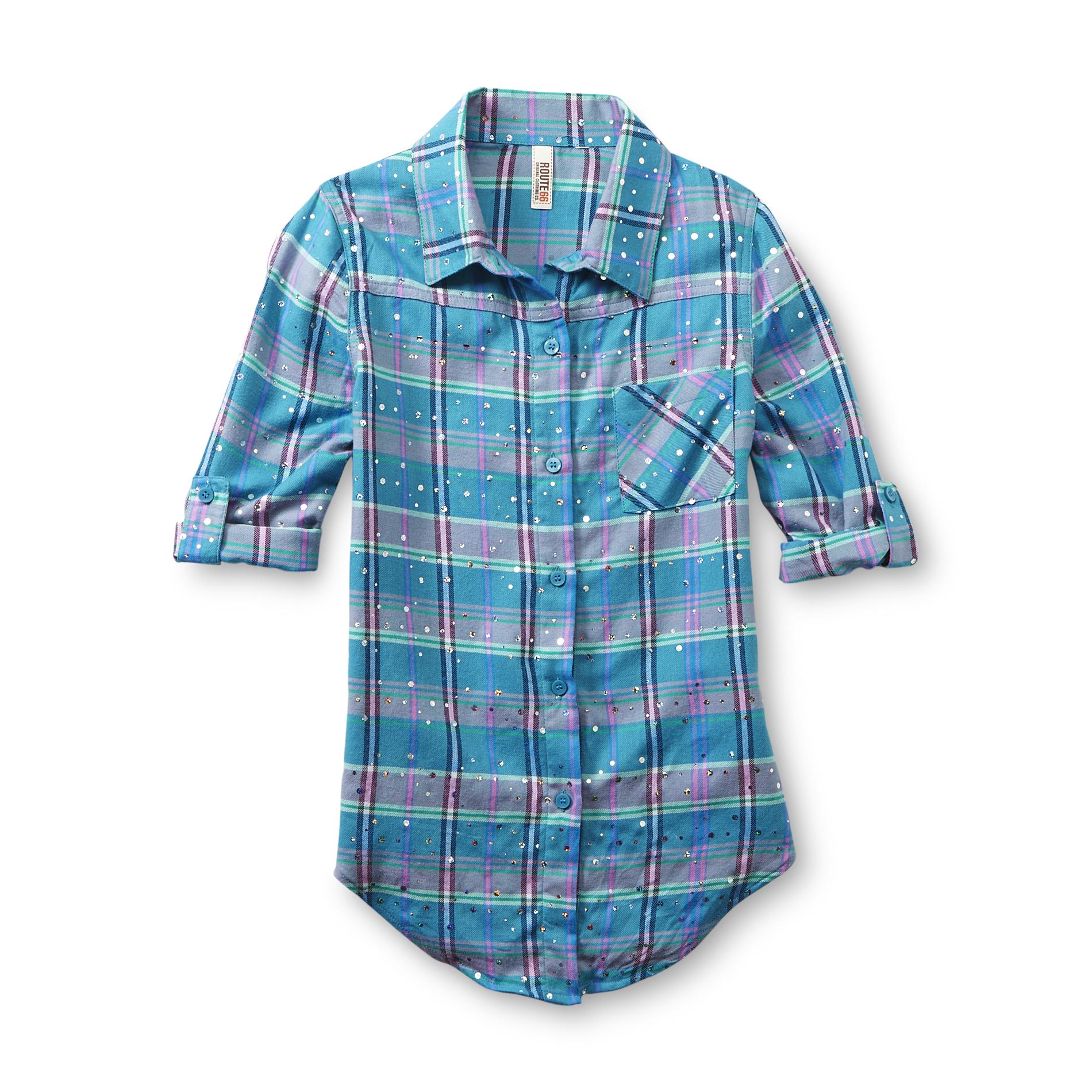 Route 66 Girl's Tie-Front Flannel Shirt - Plaid & Sparkle