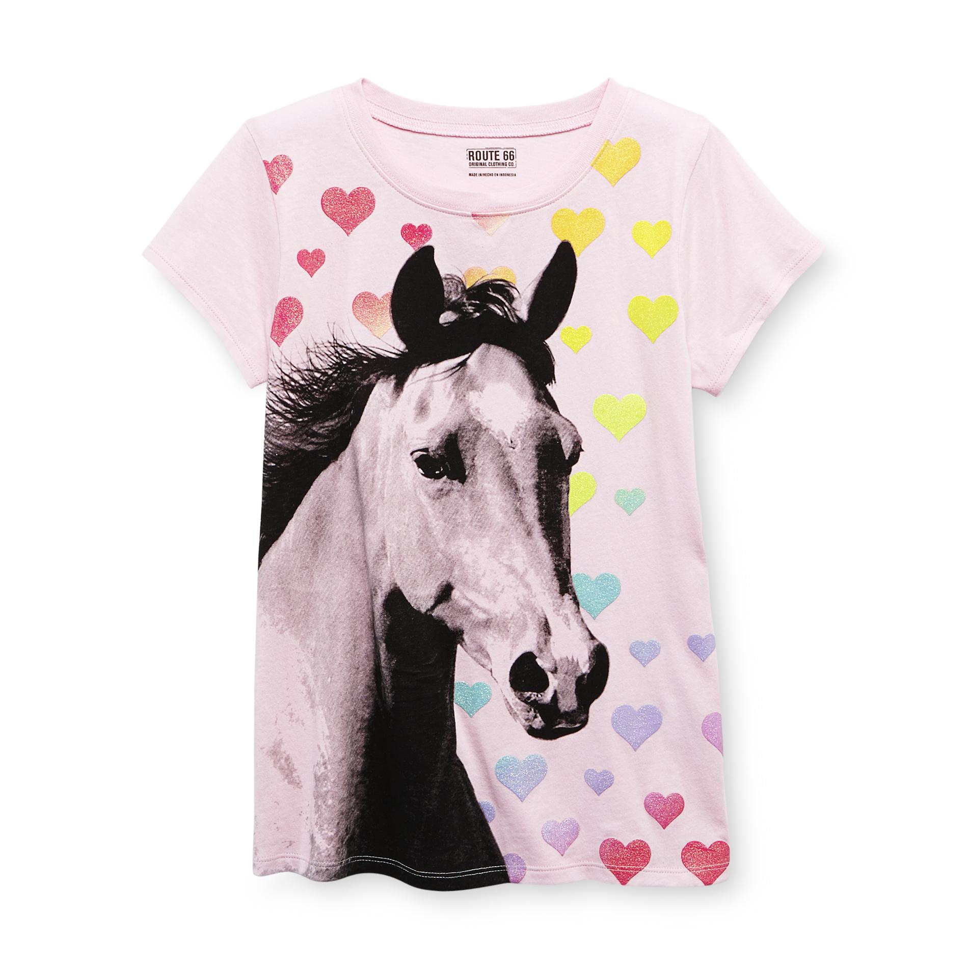 Route 66 Girl's Graphic T-Shirt - Horse & Glittered Hearts