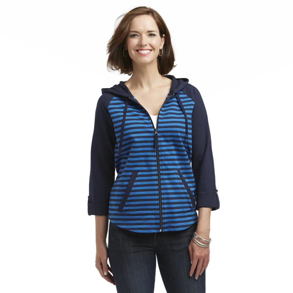 Basic Editions Women's French Terry Knit Hoodie Jacket - Striped