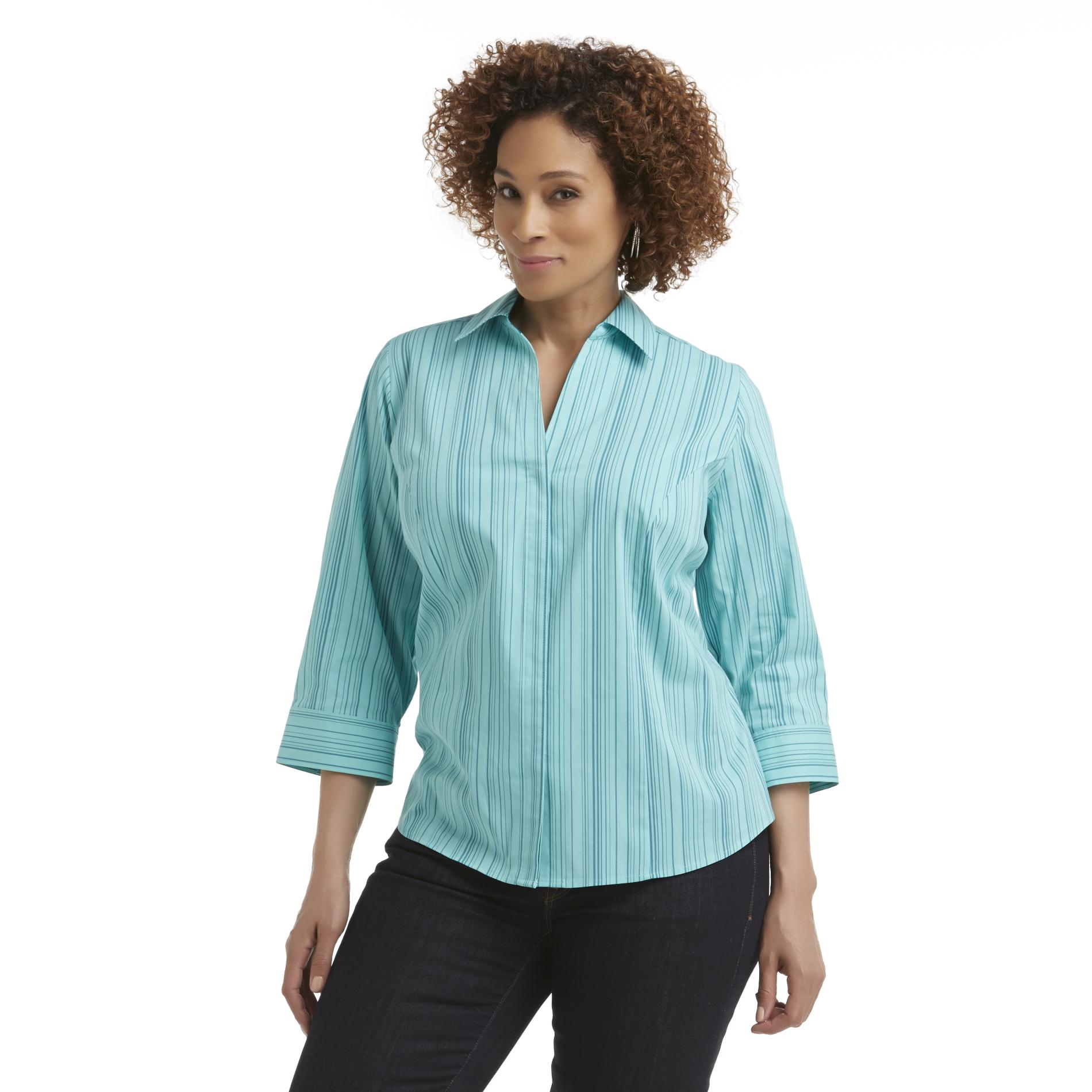 Basic Editions Women's Plus Stretch Blouse - Striped