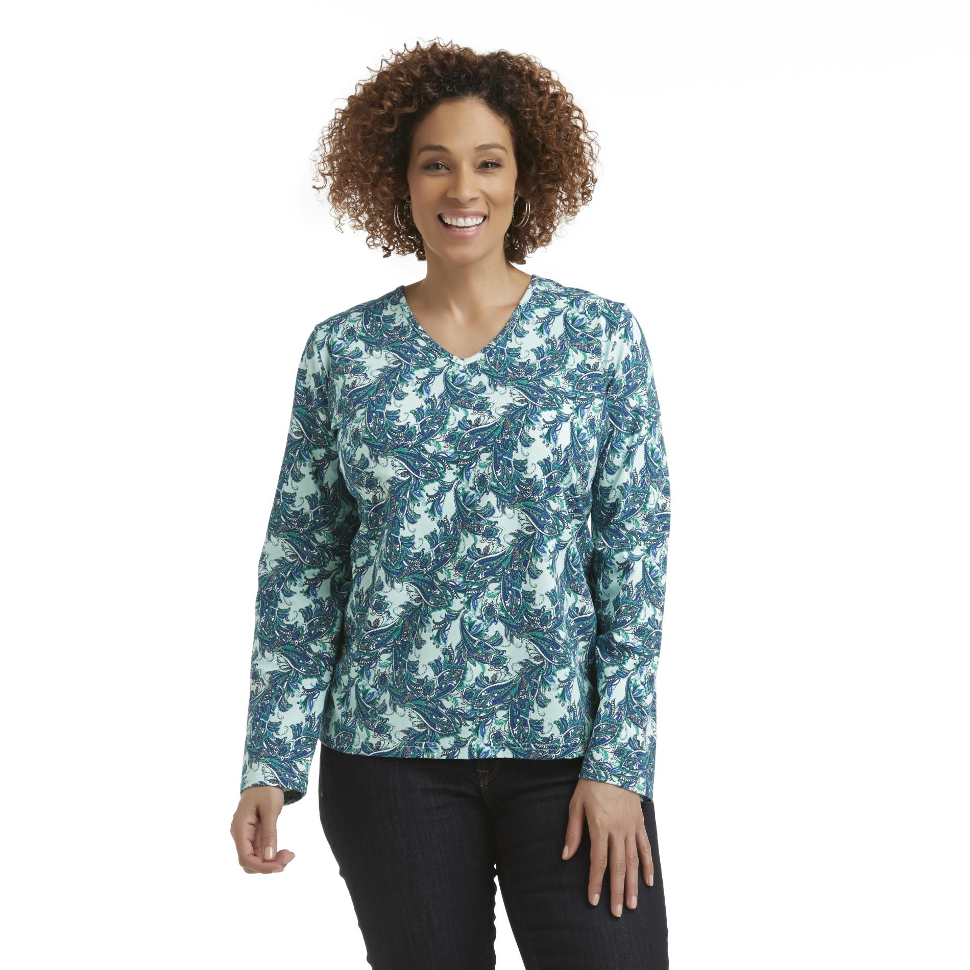 Basic Editions Women's Plus Long-Sleeve V-Neck T-Shirt - Floral Paisley