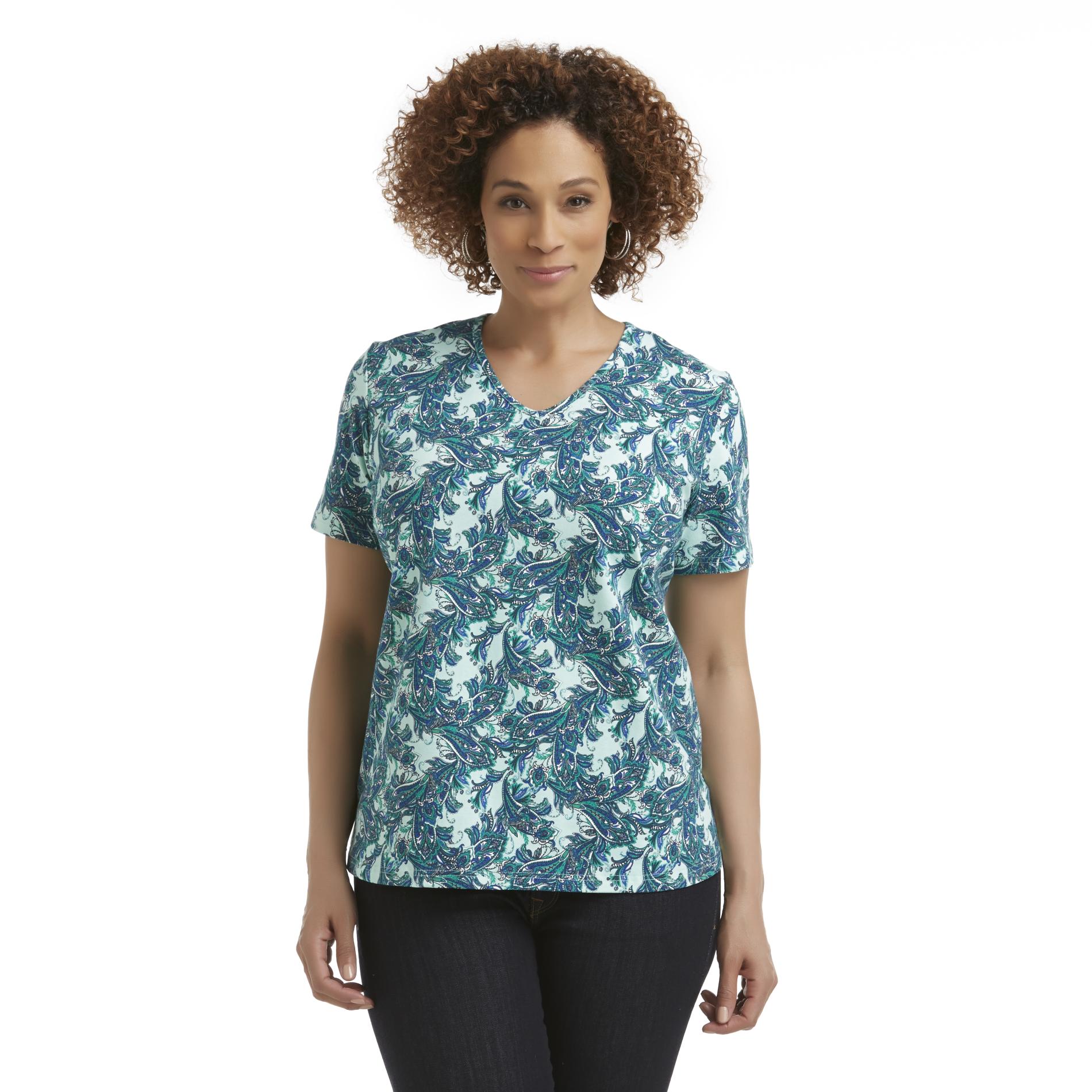 Basic Editions Women's Plus Short-Sleeve V-Neck T-Shirt - Floral Paisley