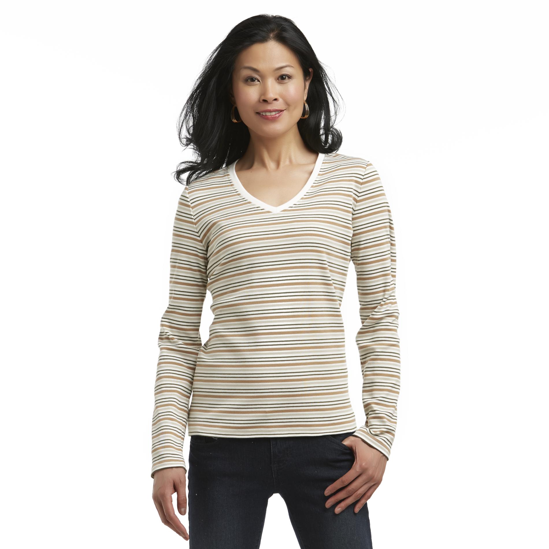 Basic Editions Women's Long-Sleeve V-Neck Knit Top - Striped