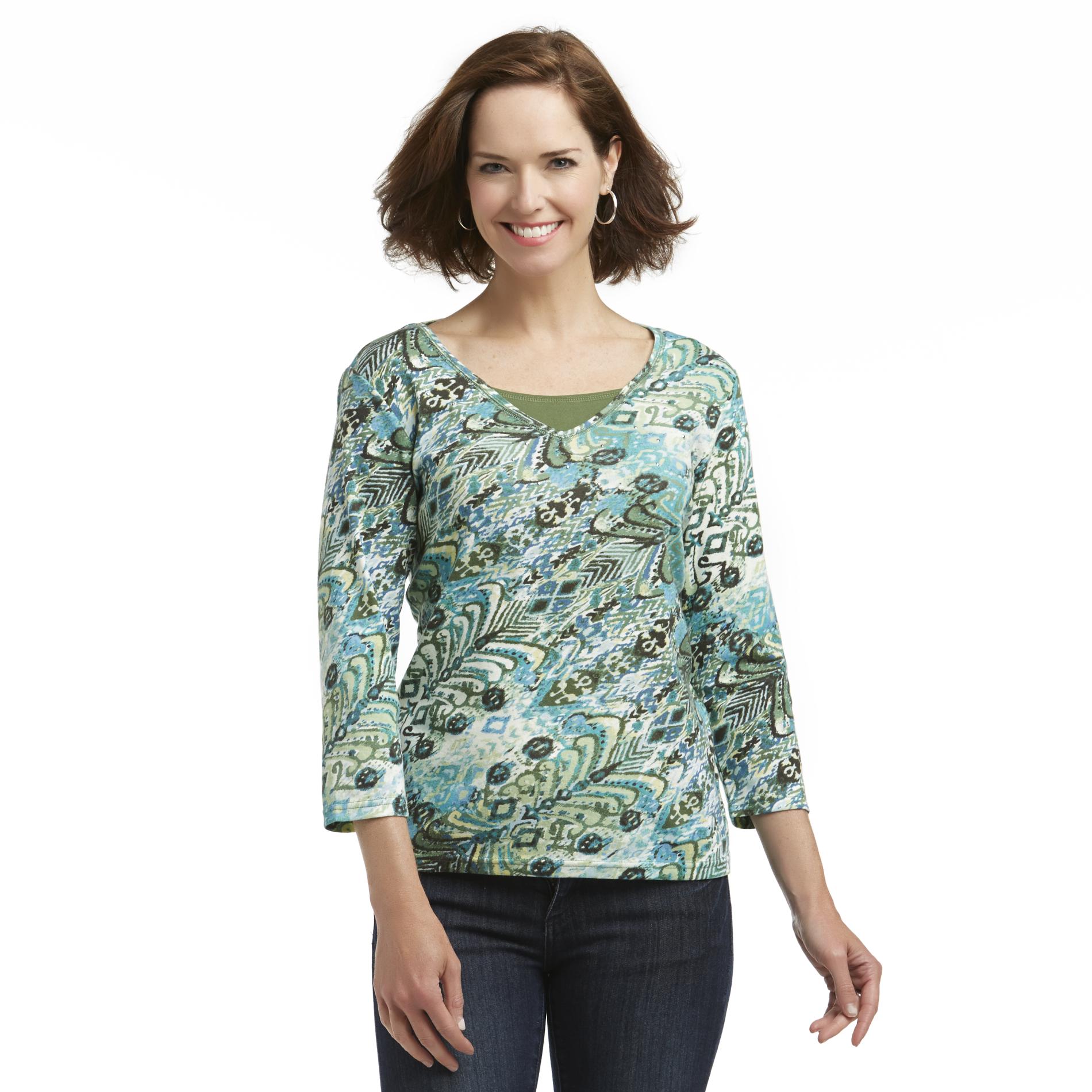 Basic Editions Women's Layered-Look Embellished Top - Abstract
