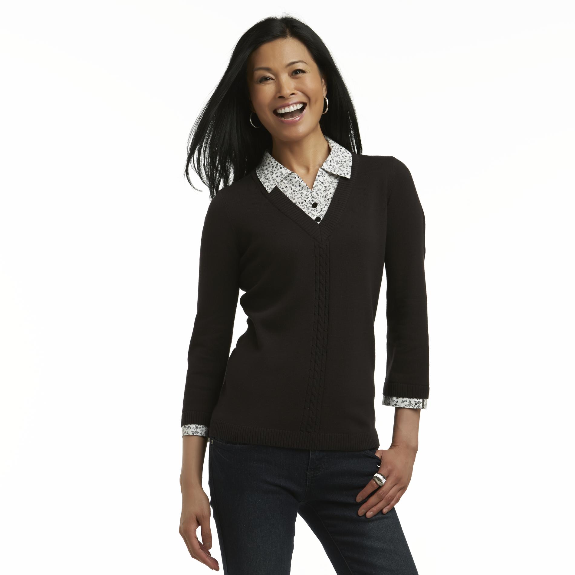 Basic Editions Women's Layered-Look V-Neck Sweater