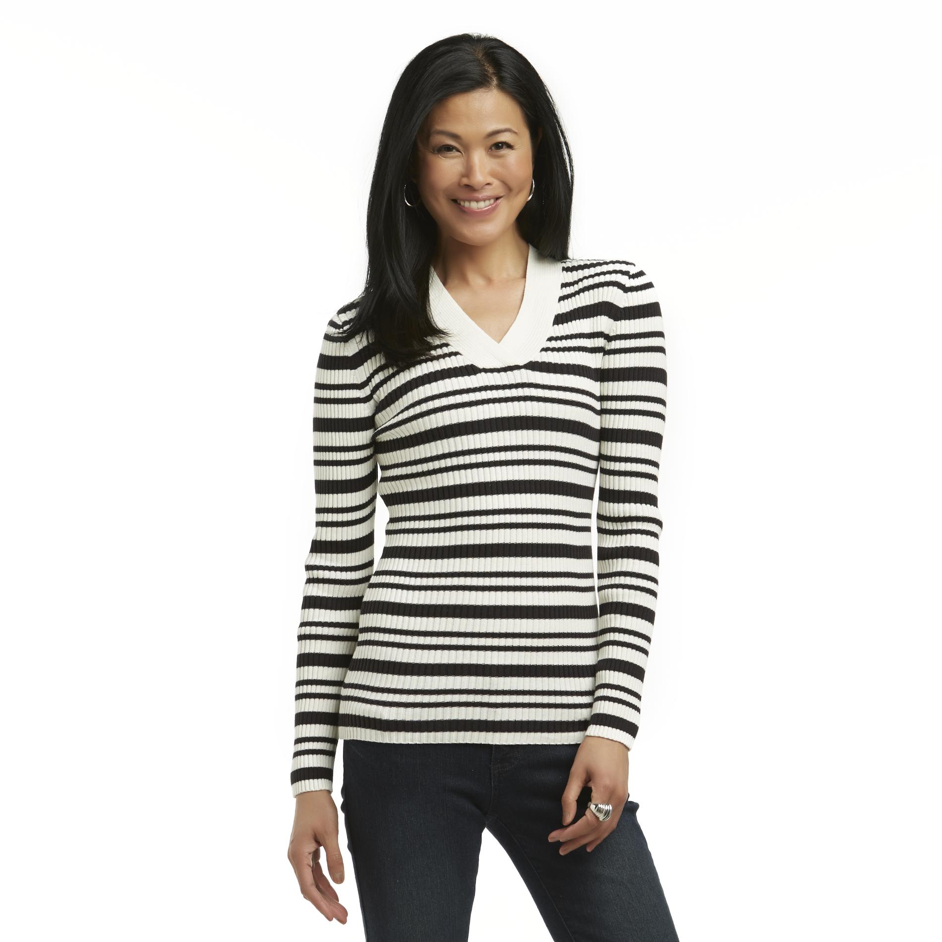Basic Editions Women's Ribbed Sweater - Striped