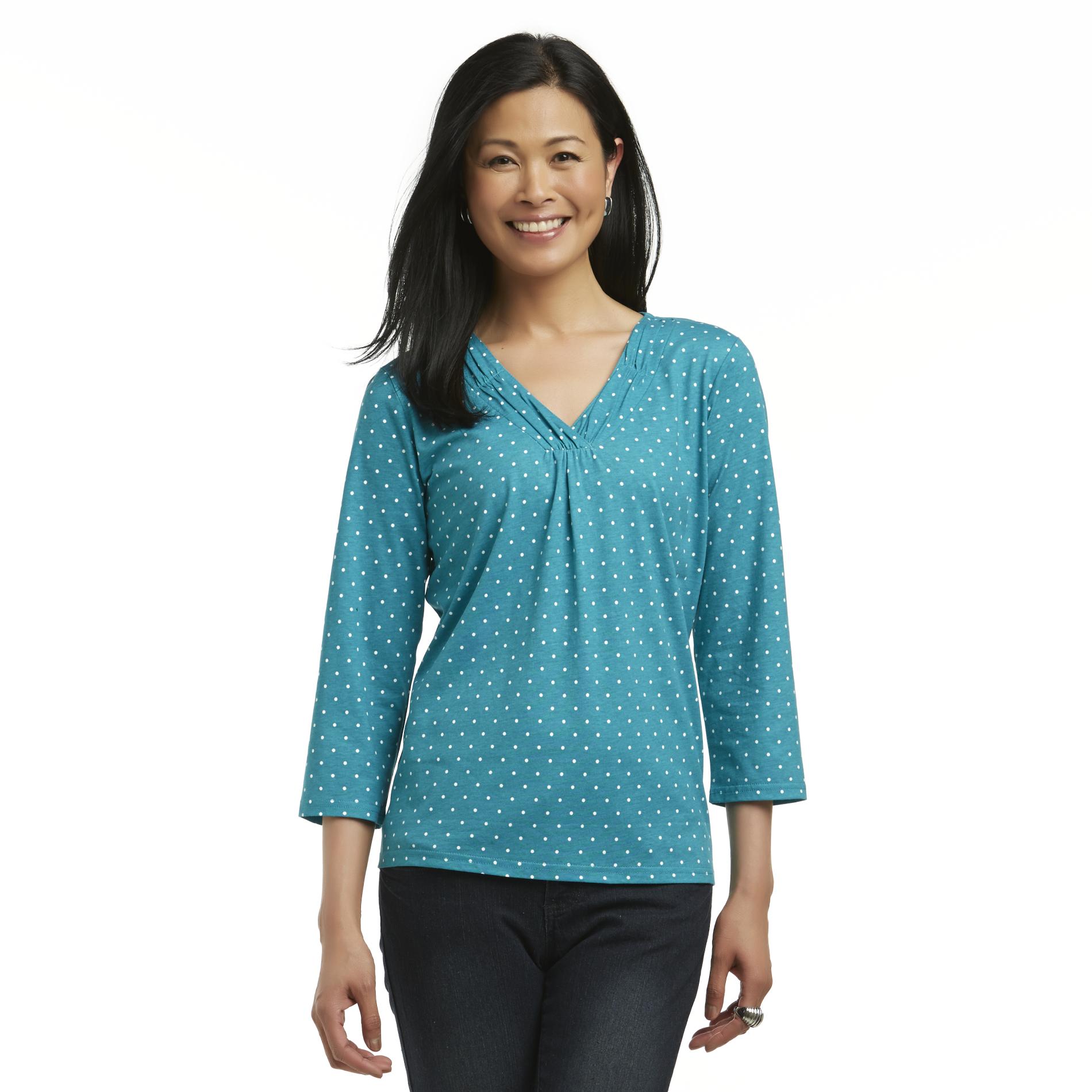 Basic Editions Women's Twisted V-Neck Top - Polka Dot