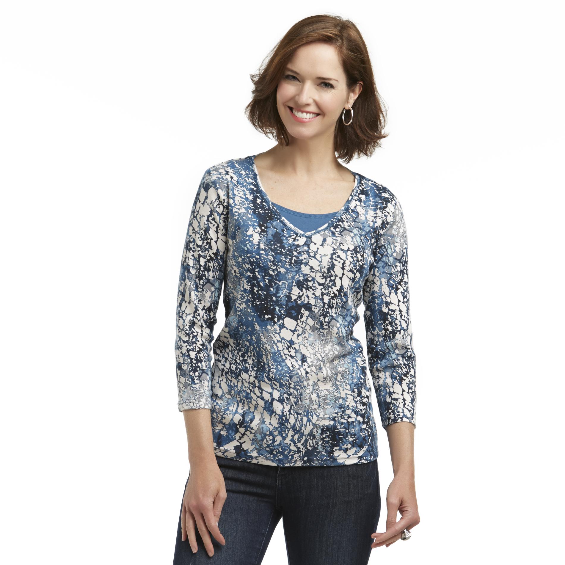 Basic Editions Women's Layered-Look Embellished Top - Abstract