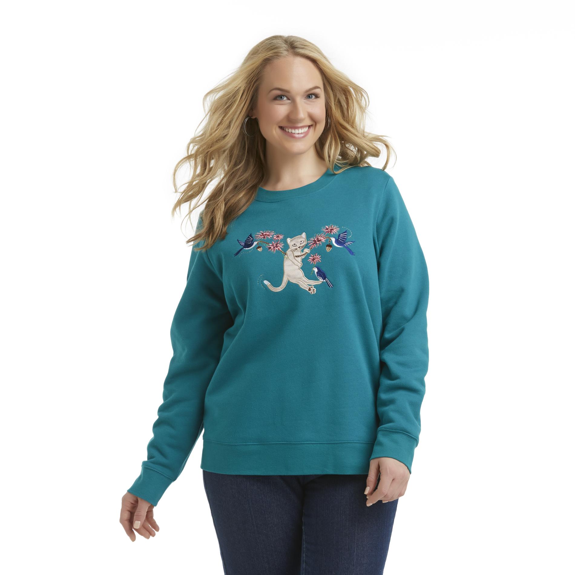 Basic Editions Women's Plus Embellished Sweatshirt - Cat