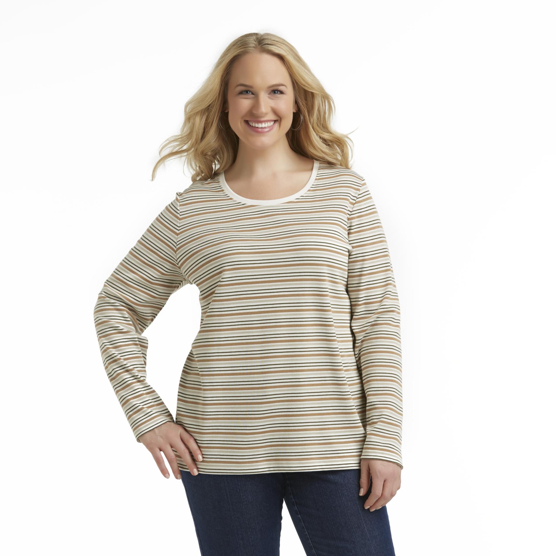 Basic Editions Women's Plus Long-Sleeve Knit Top - Striped