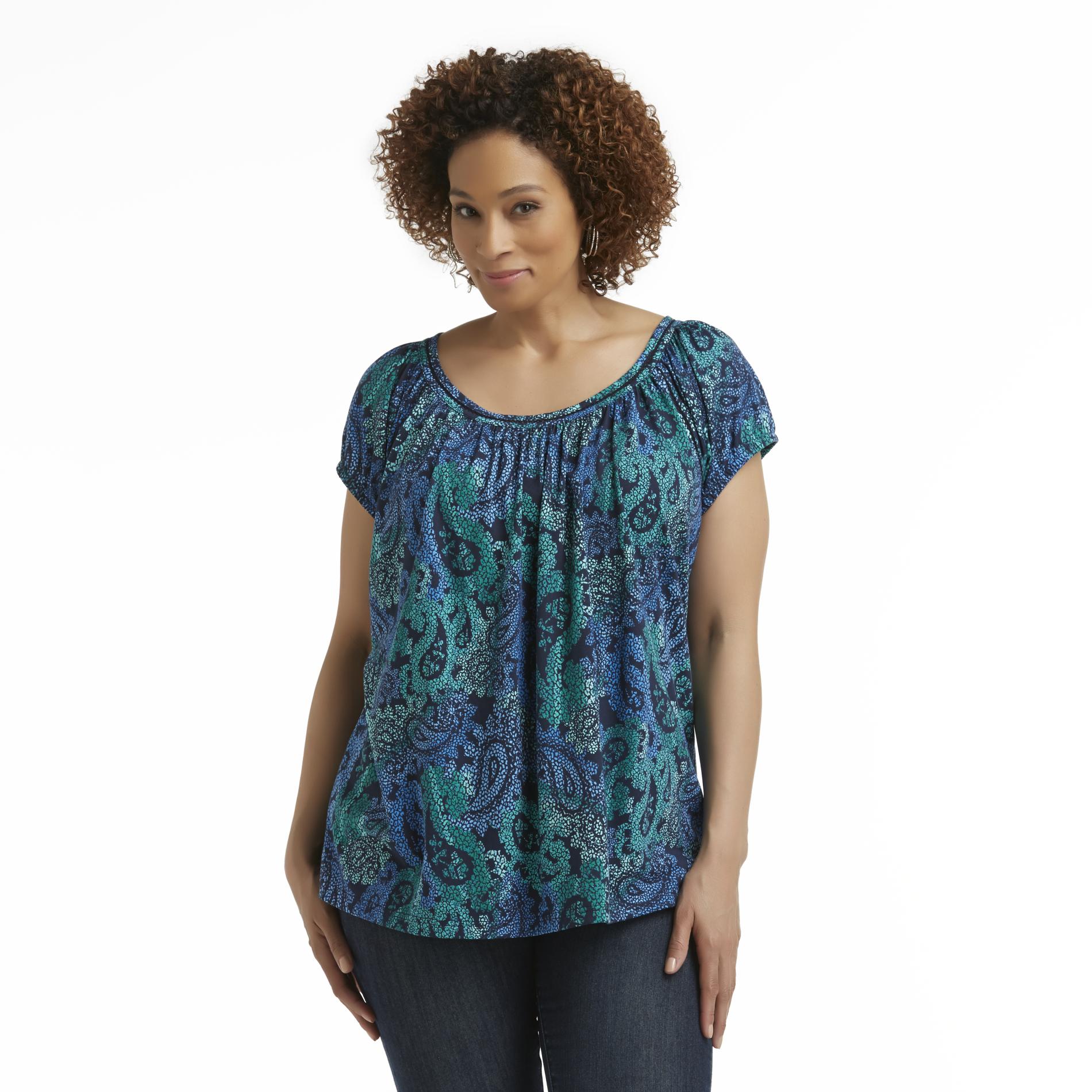 Basic Editions Women's Plus Peasant Top - Abstract Paisley