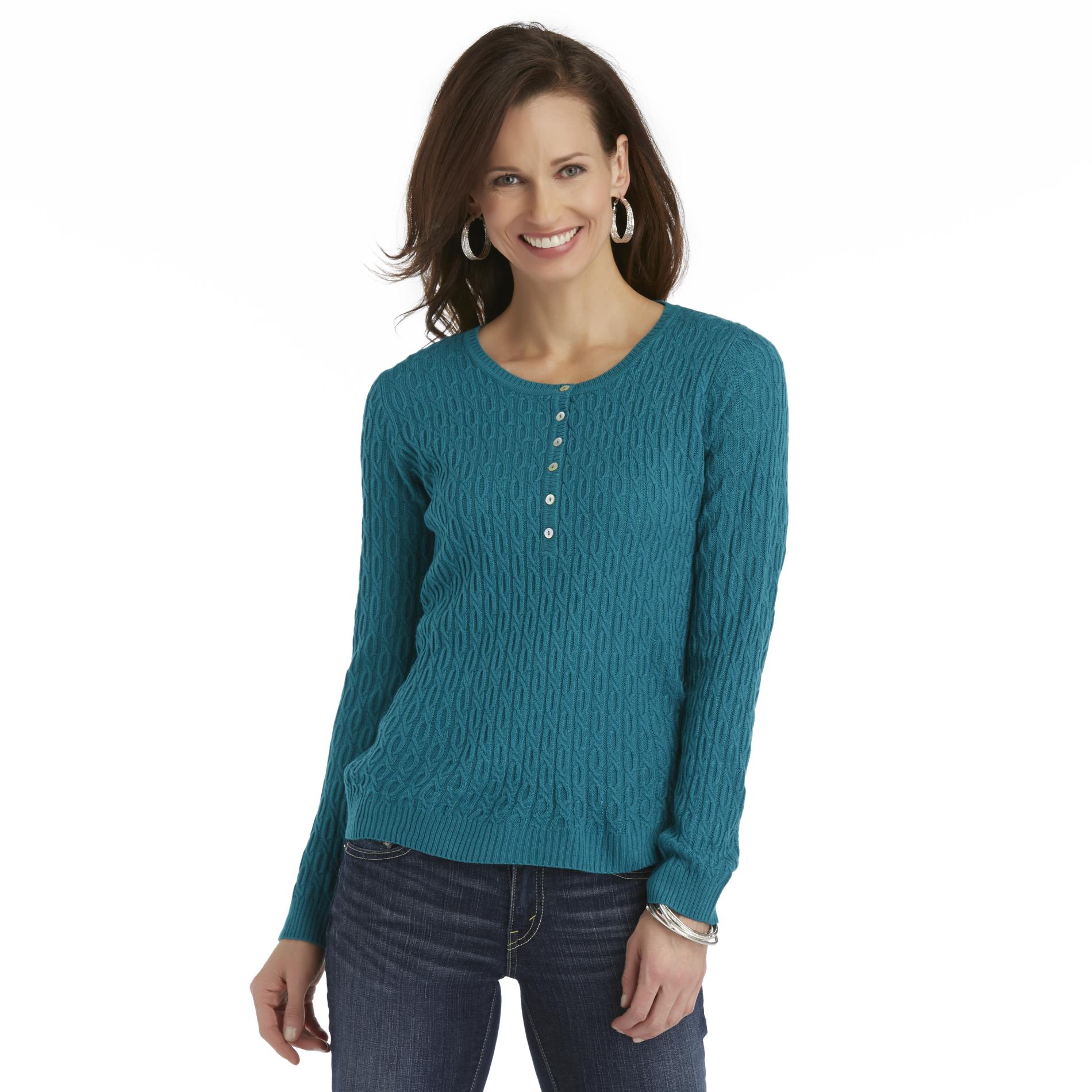 Basic Editions Women's Cable Knit Henley Sweater