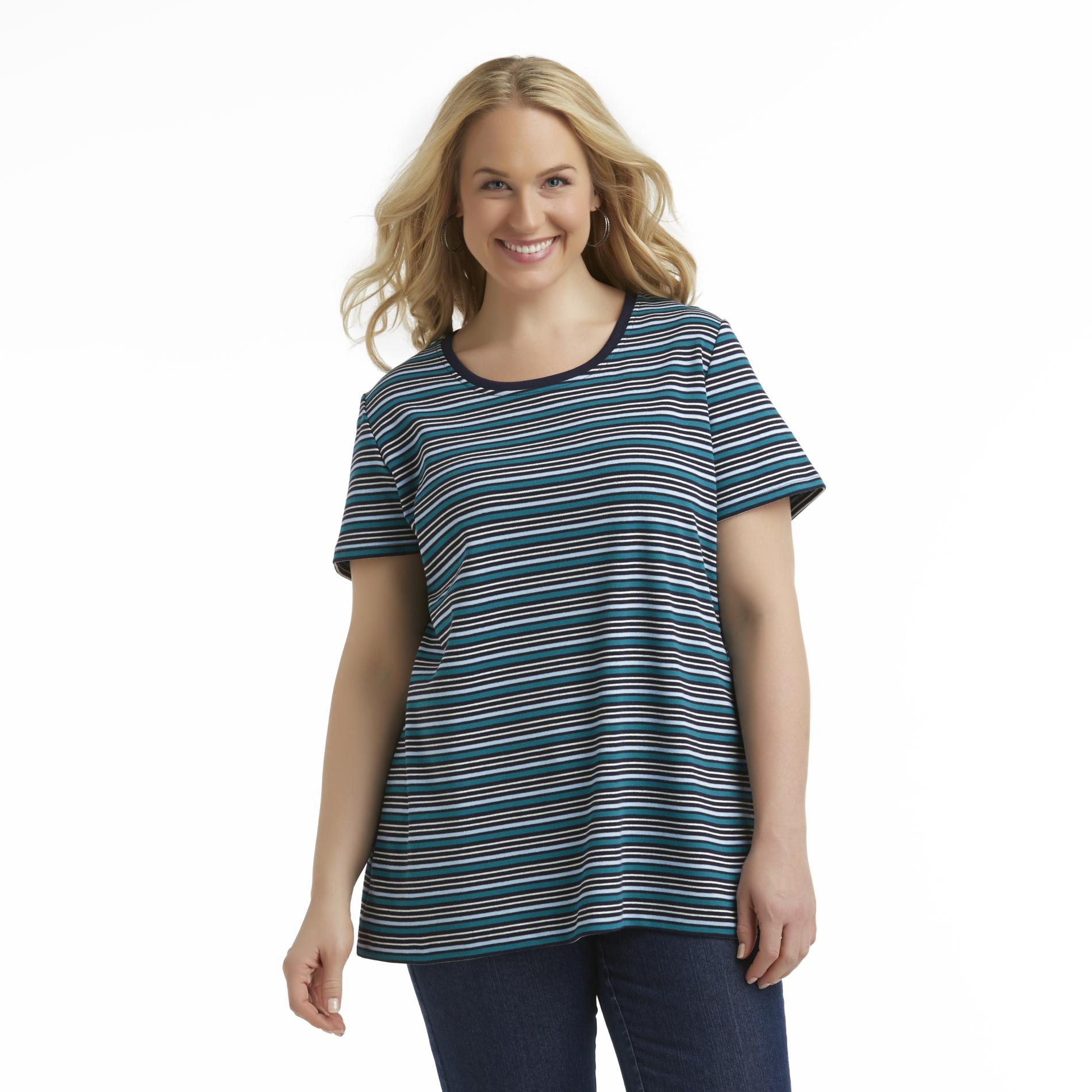 Basic Editions Women's Plus Relaxed-Fit T-Shirt - Striped