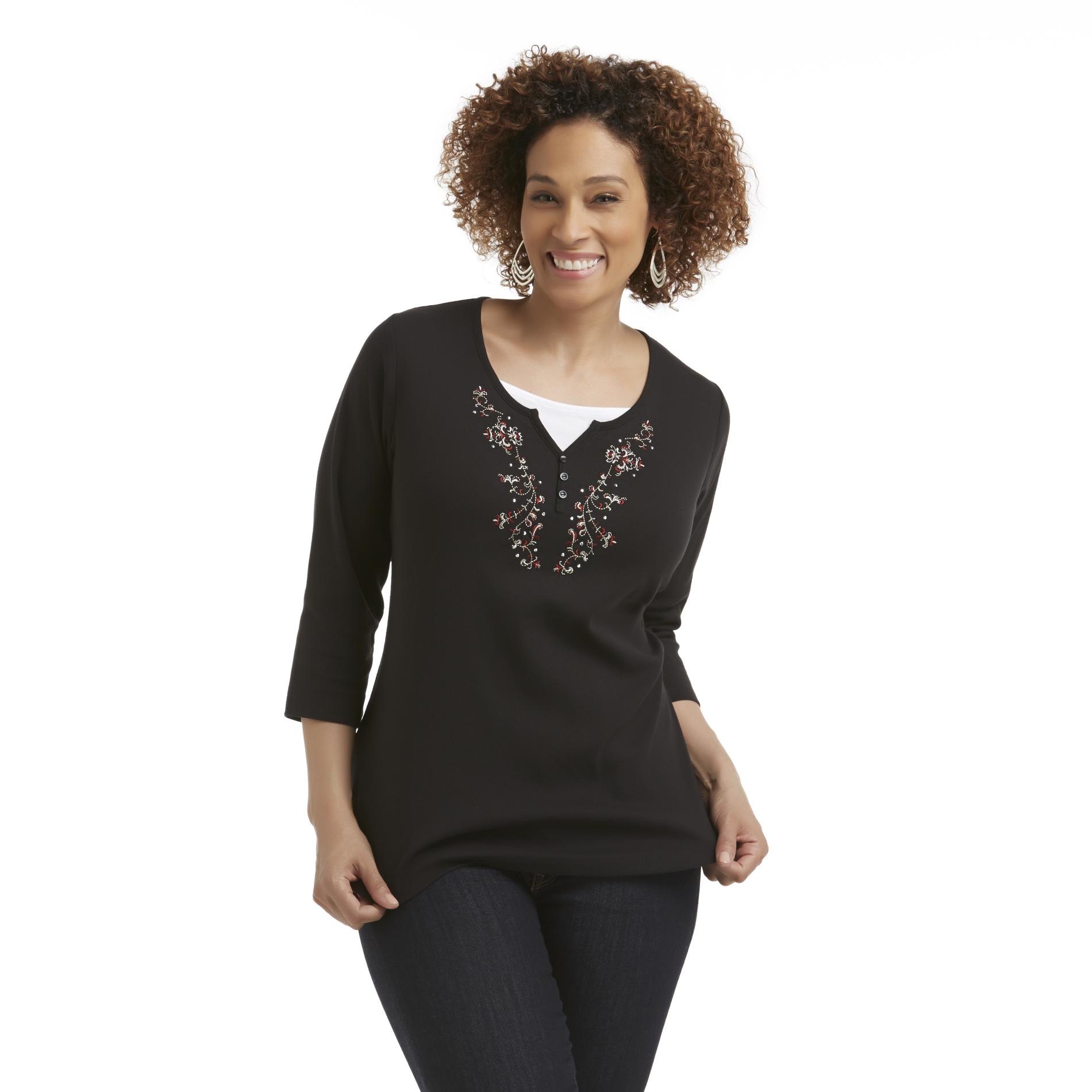 Basic Editions Women's Plus Embroidered Layered-Look Henley Top