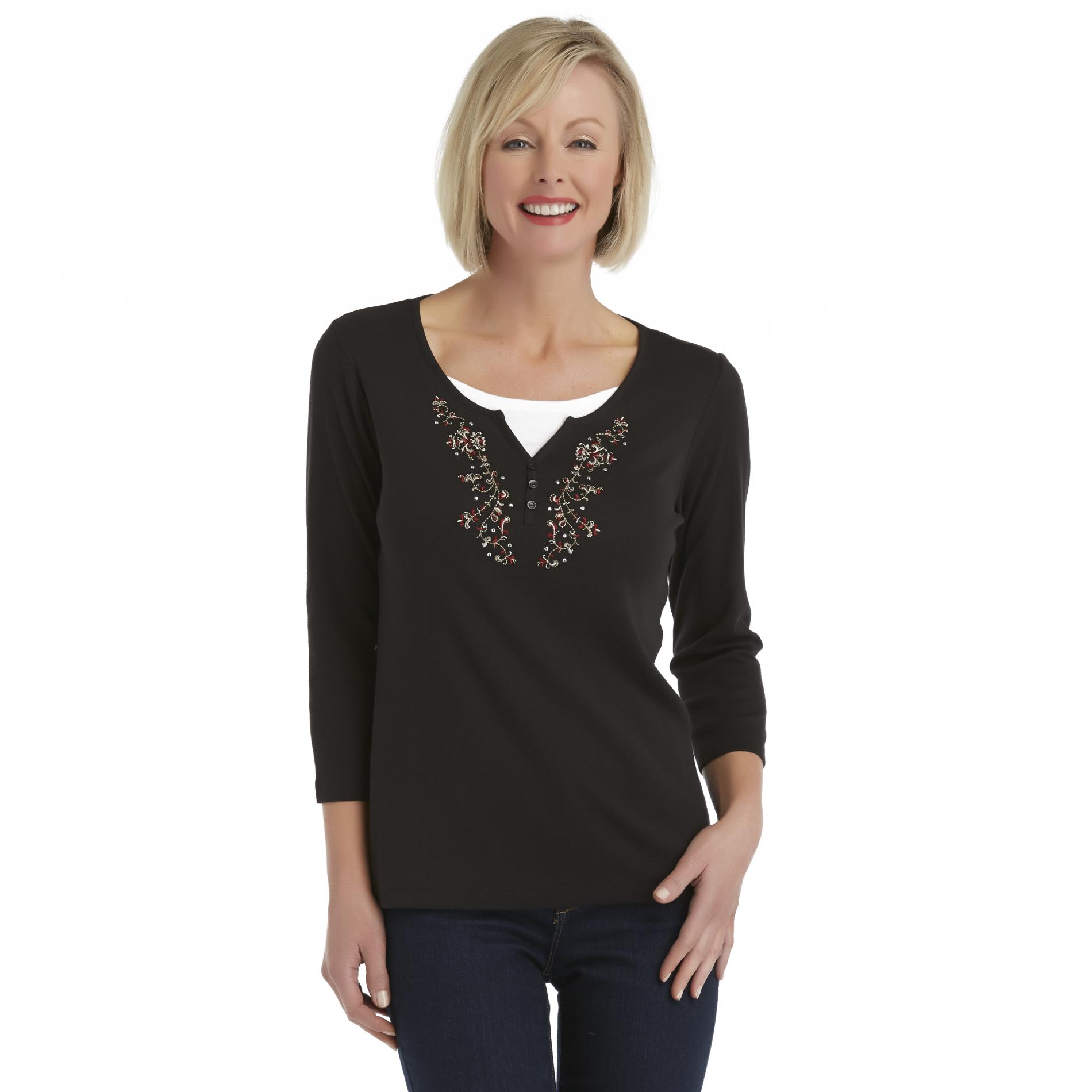 Basic Editions Women's Layered Look Knit Top - Filigree Embroidery