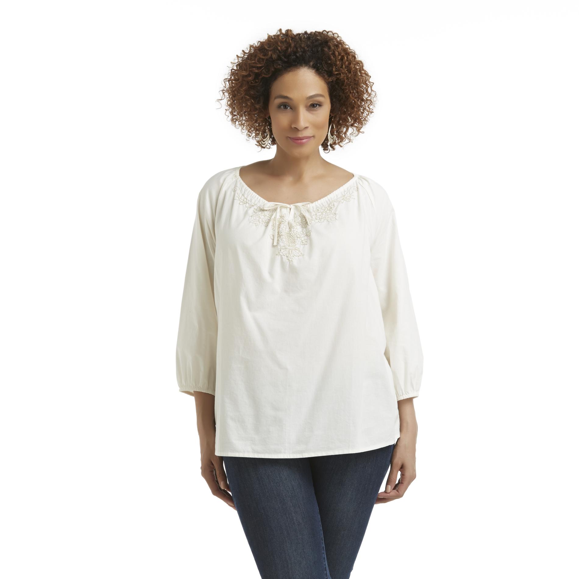 Basic Editions Women's Plus Embroidered Peasant Top - Floral