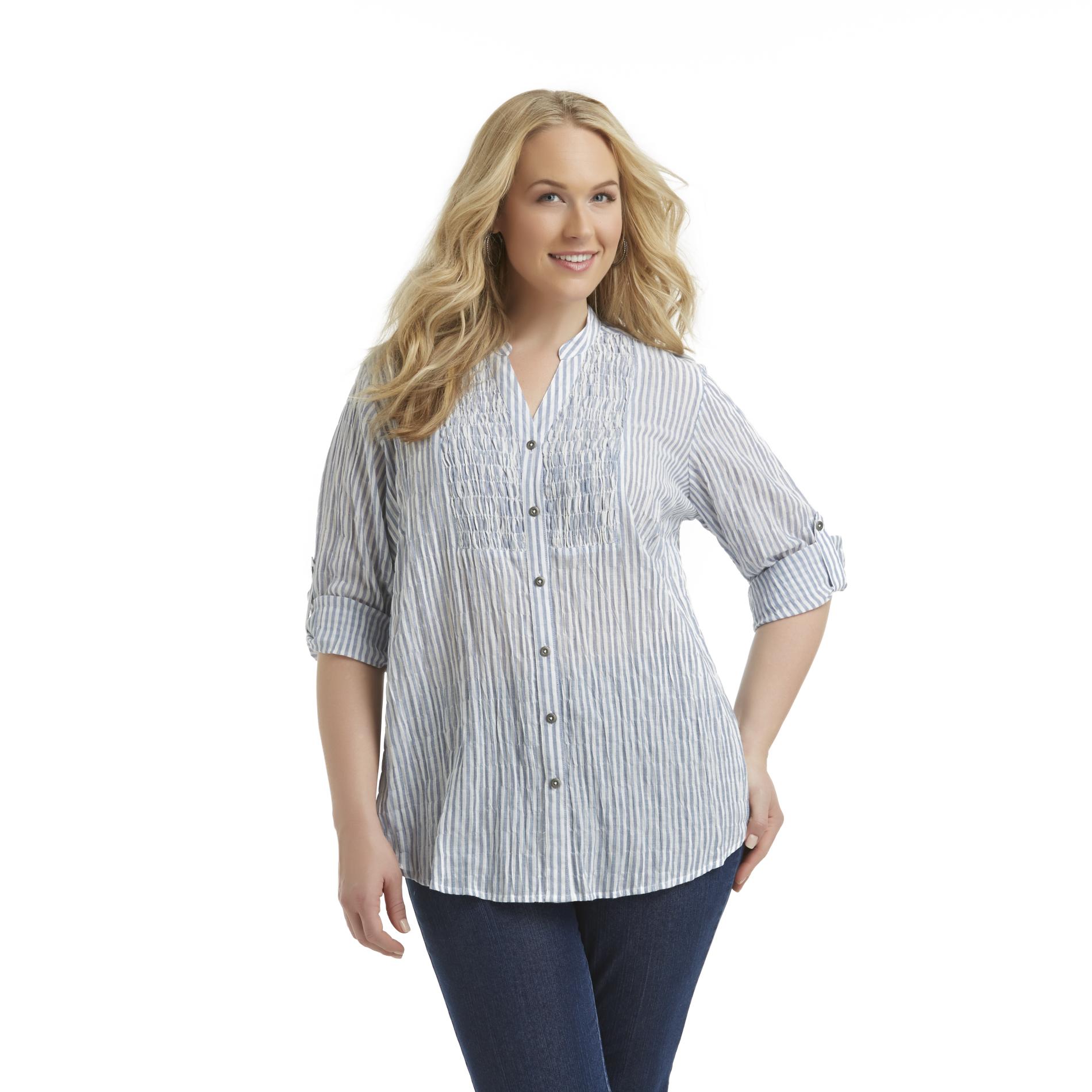 Basic Editions Women's Plus Smocked Stretch Top - Striped
