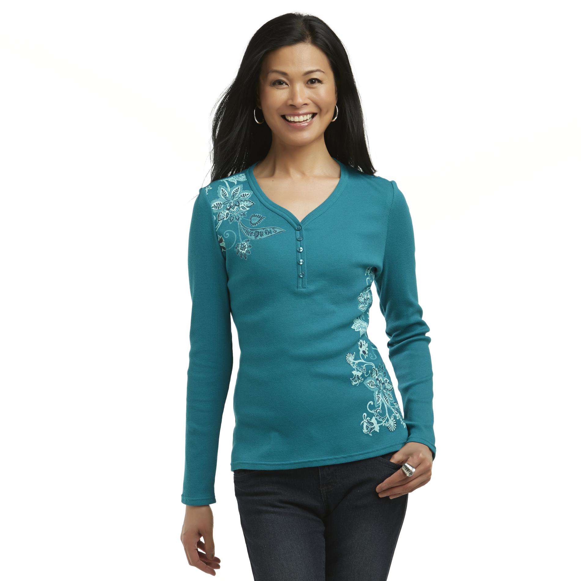 Basic Editions Women's Y-Neck Henley Top - Paisley