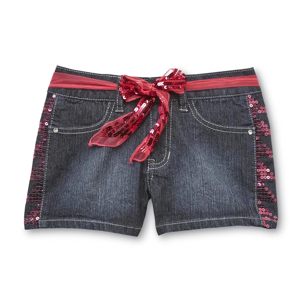 Piper Girl's Belted Denim Shorts - Sequins