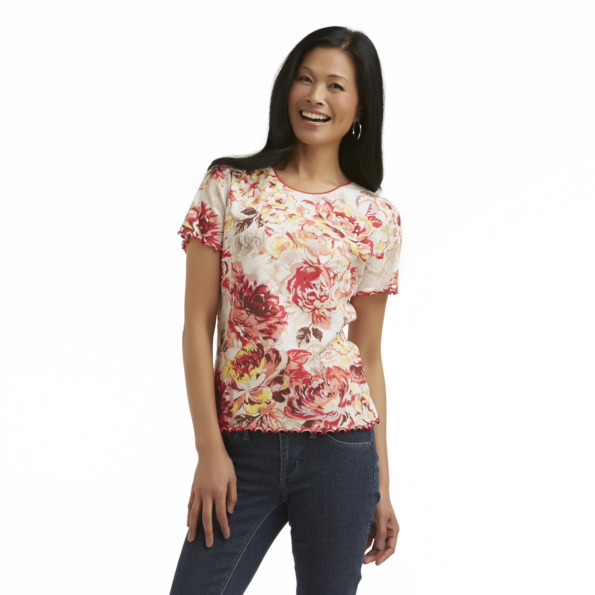 Basic Editions Women's Studded T-Shirt - Flowers & Butterflies