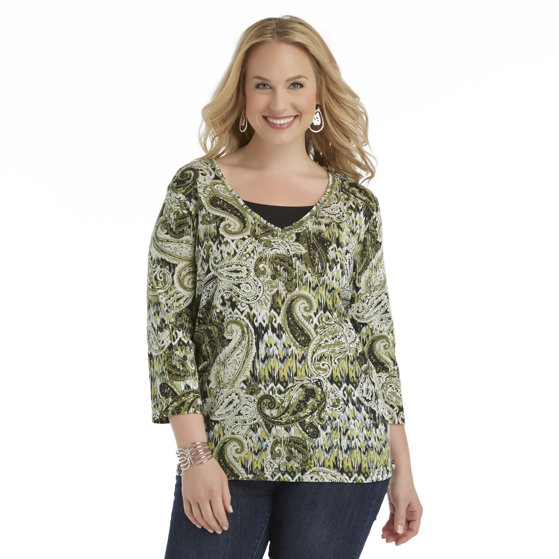 Basic Editions Women's Plus Printed Knit Top - Abstract Paisley