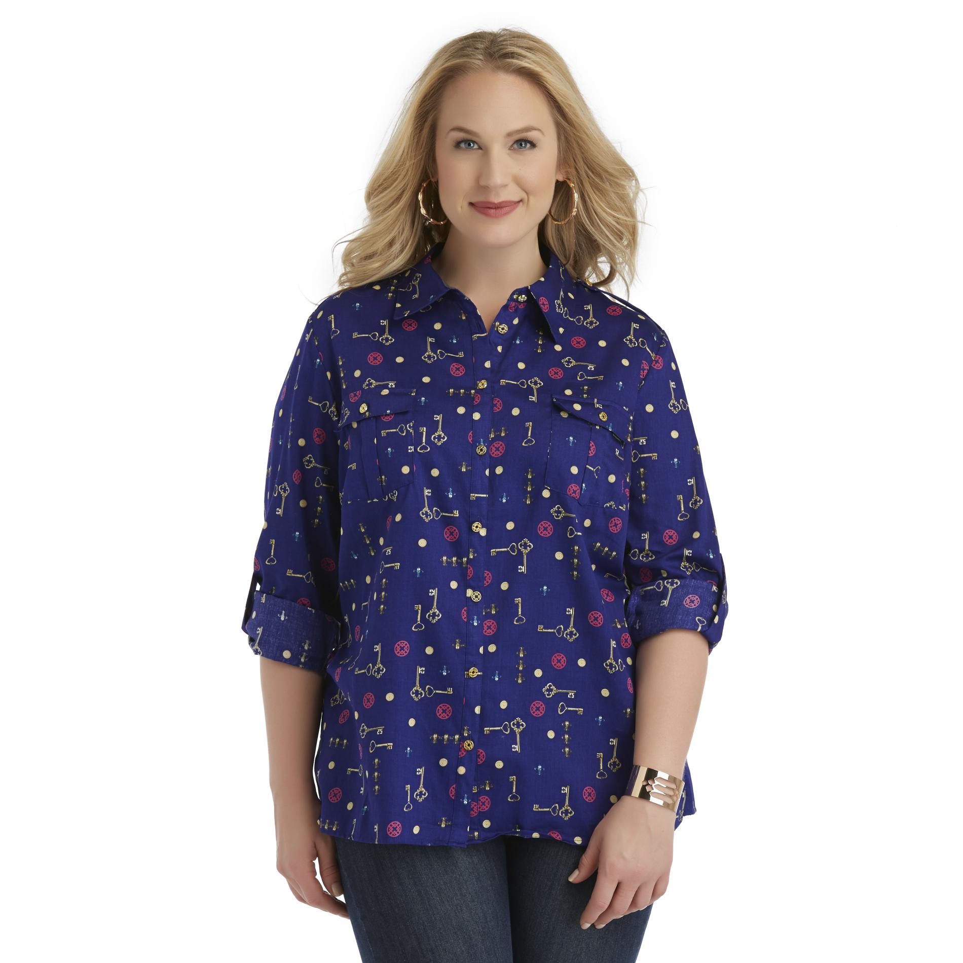 Jaclyn Smith Women's Plus Utility Shirt Keys & FleurDeLis