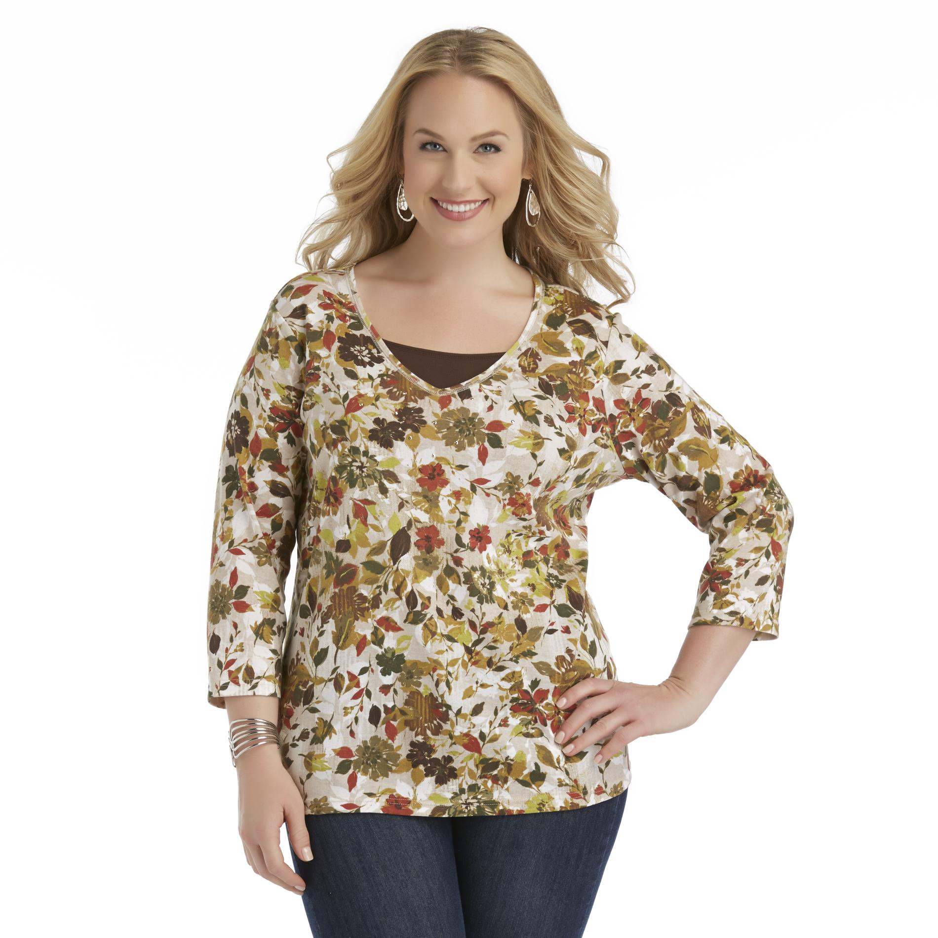 Basic Editions Women's Plus Printed Knit Top - Floral