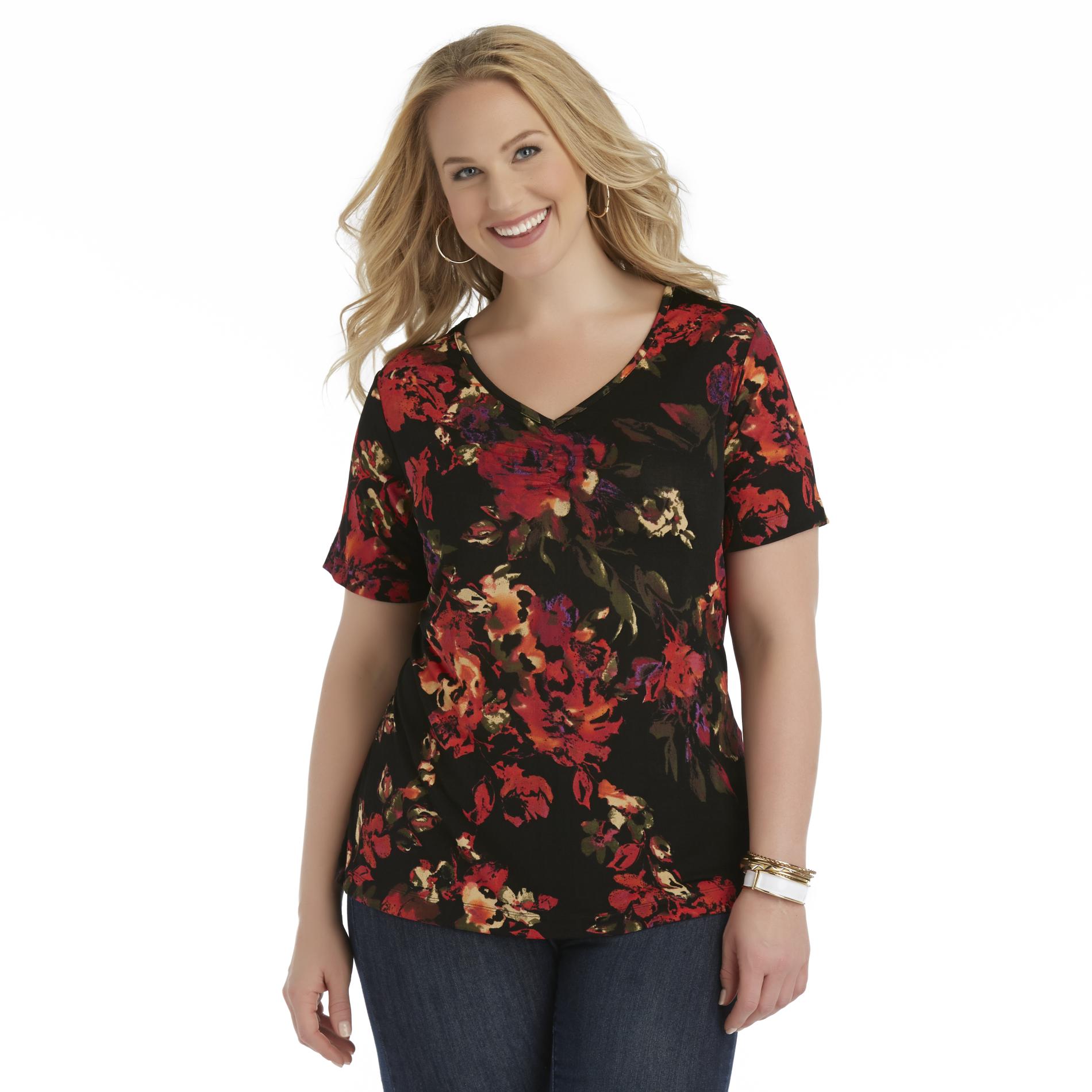 Jaclyn Smith Women's Plus Short-Sleeve V-Neck Top - Floral