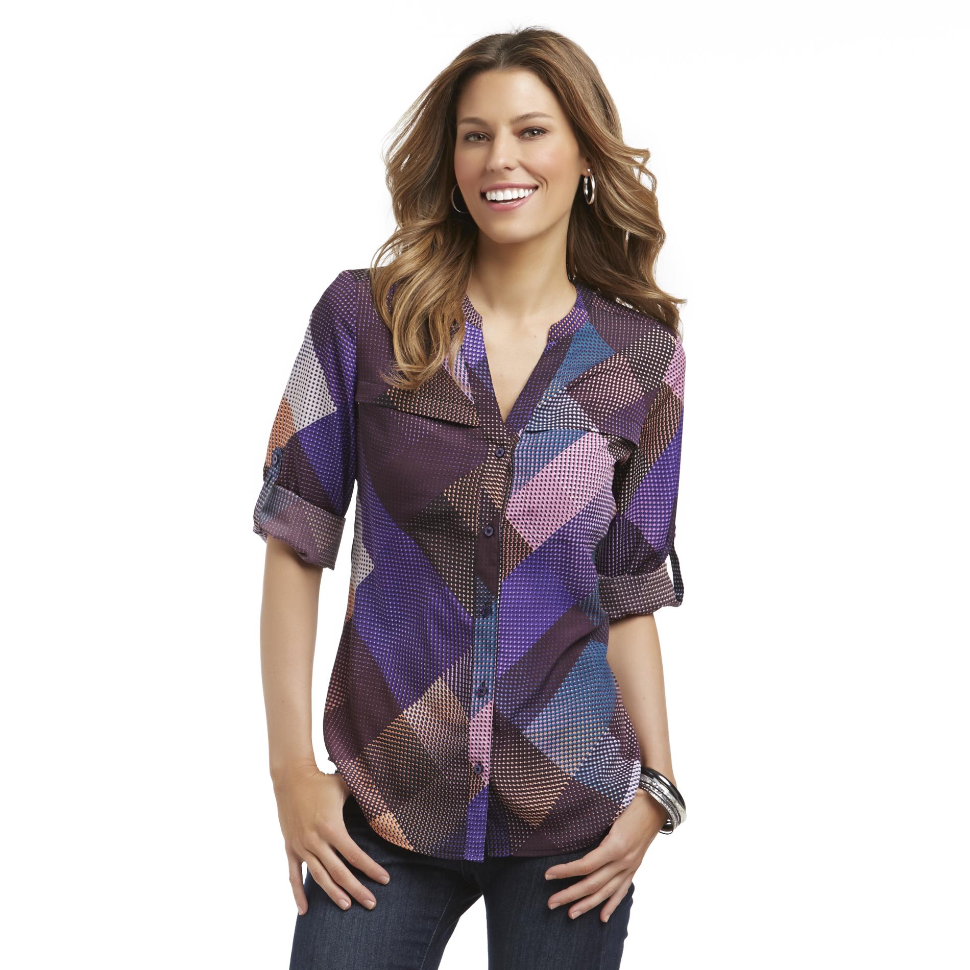 Attention Women's Button-Front Blouse - Abstract Plaid