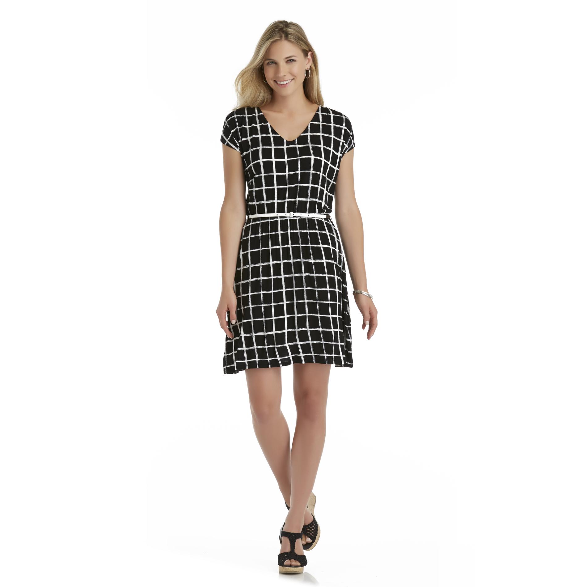 Attention Women's Belted Jersey Dress - Checked