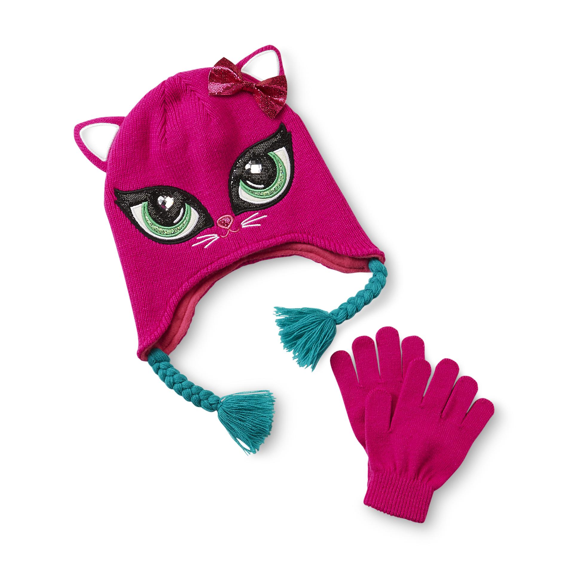 Athletech Girl's Jeweled Hat & Gloves - Cat