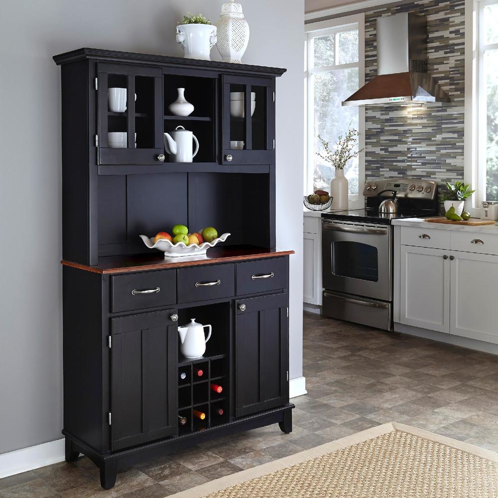 Home Styles Large 35-1/2"H x 41-3/4"W x 16-3/8"D Buffet with Cherry Finish Solid Wood Top & 2 Door Hutch - Black Finish