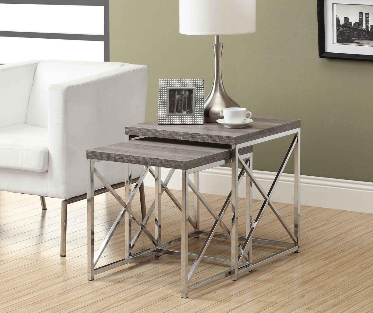 Monarch Specialties NESTING TABLE - 2PCS SET / DARK TAUPE WITH CHROME METAL