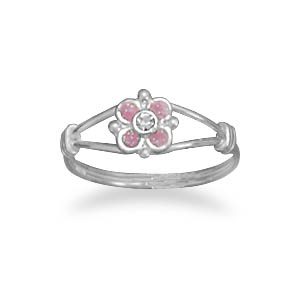 Sterling Silver Pink Flower Childs Ring Pink Glitter Epoxy and Clear Crystal Flower Ring