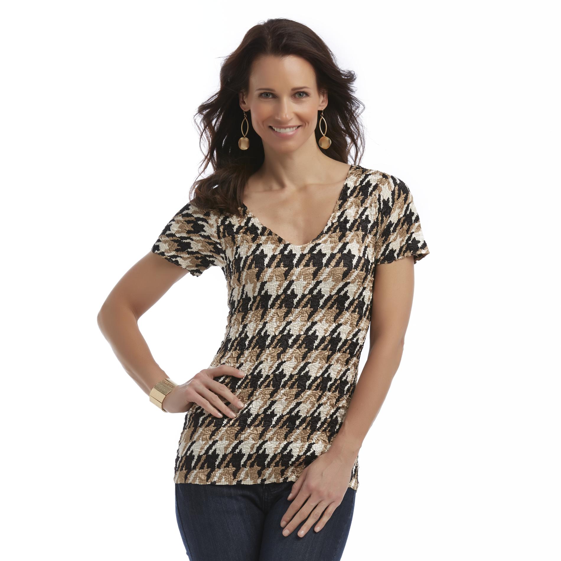 Jaclyn Smith Women's Short-Sleeve Pucker Top - Houndstooth Check