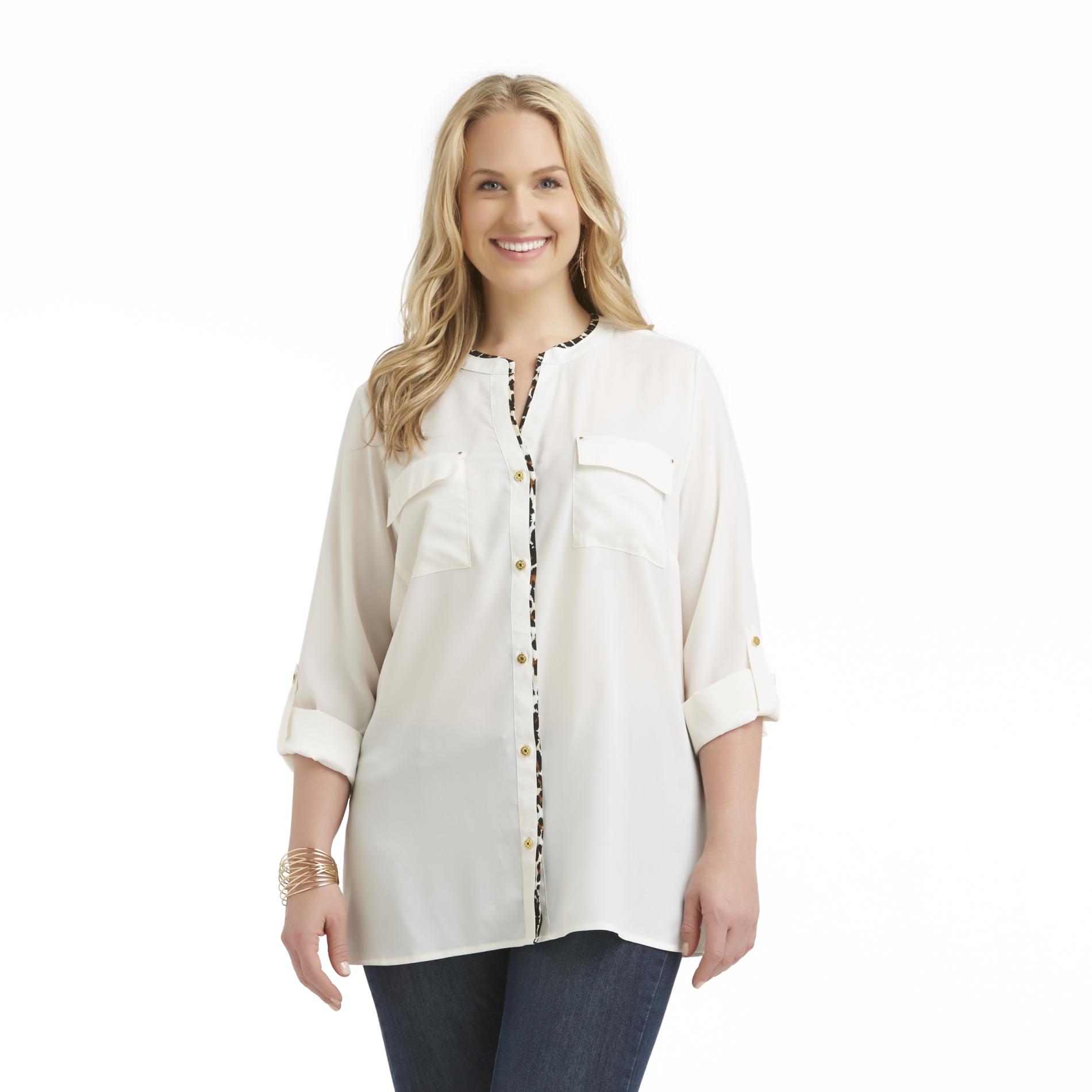 Jaclyn Smith Women's Plus Button-Front Tunic Top - Leopard Print