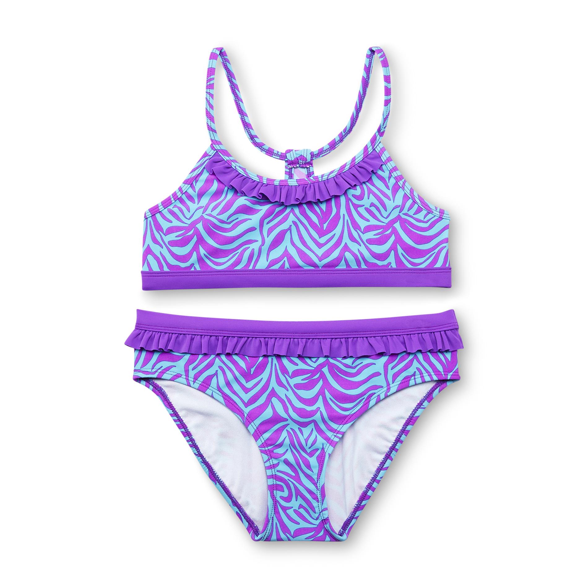 Joe Boxer Girl's Ruffled Swim Top & Bikini Bottoms Zebra Striped