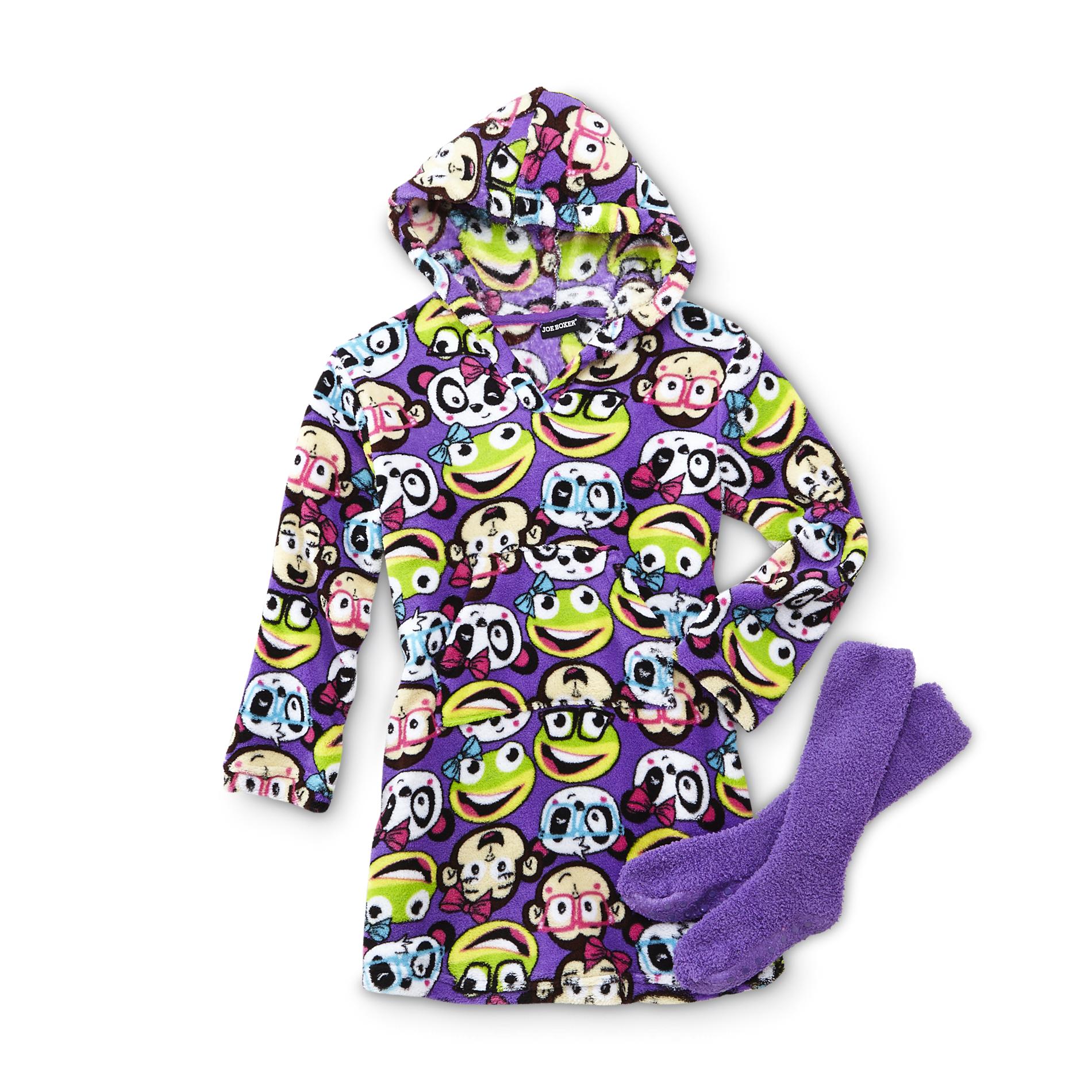 Joe Boxer Girl's Hooded Dorm Shirt & Socks - Monkey  Panda & Frog