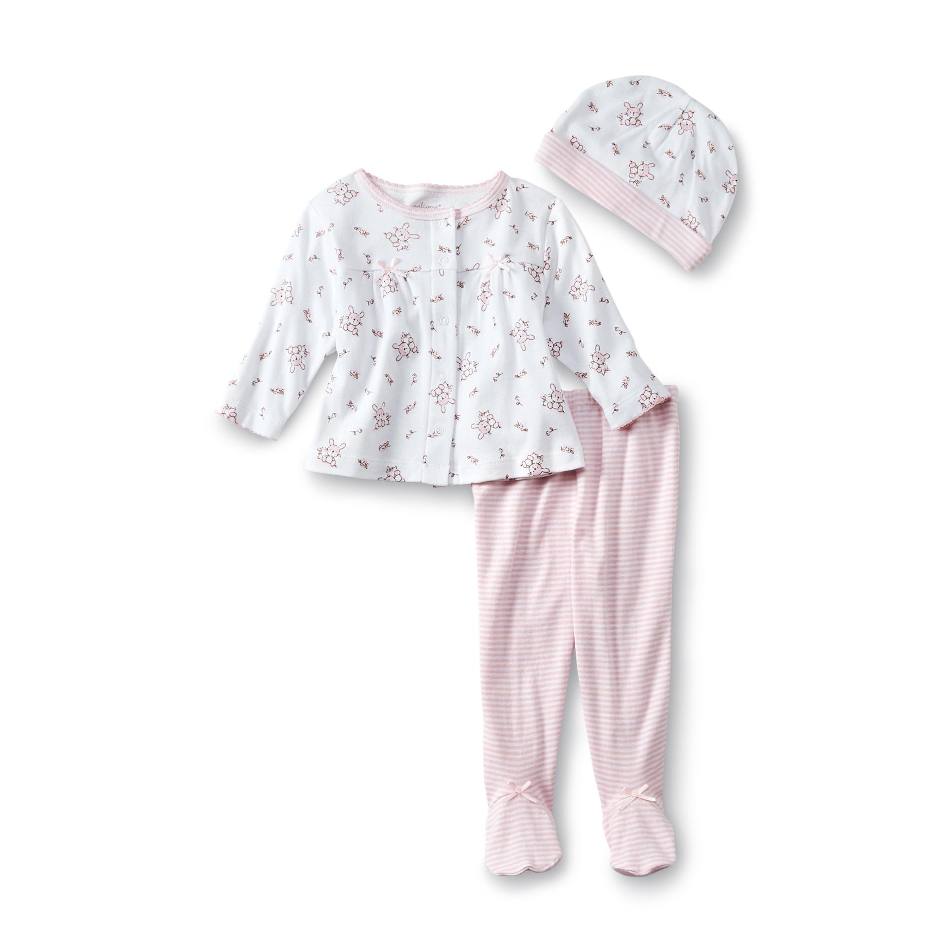Welcome to the World Newborn Girl's Pajama Shirt  Pants & Hat - Bunny