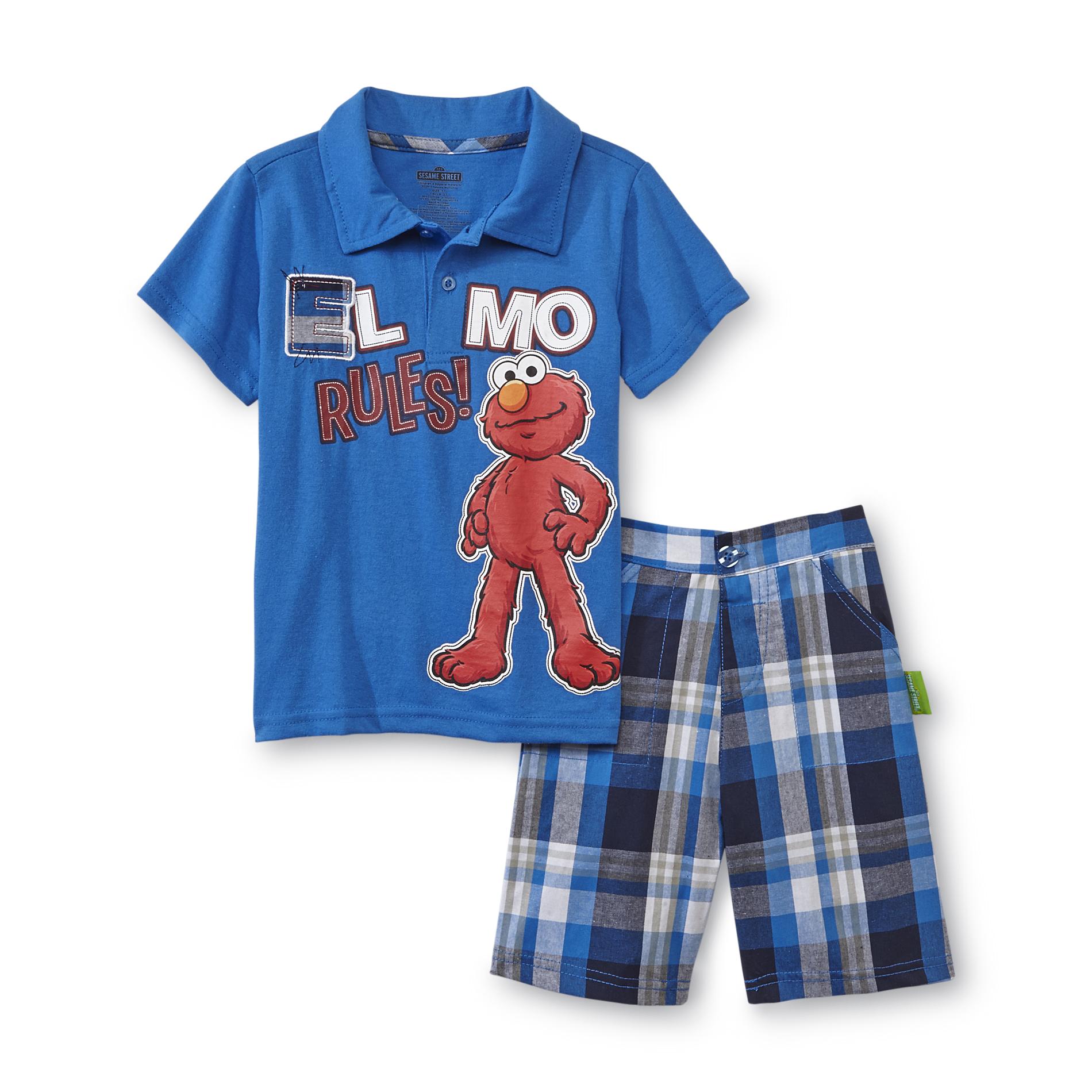 Sesame Street Elmo Toddler Boy's Polo Shirt & Shorts - Plaid