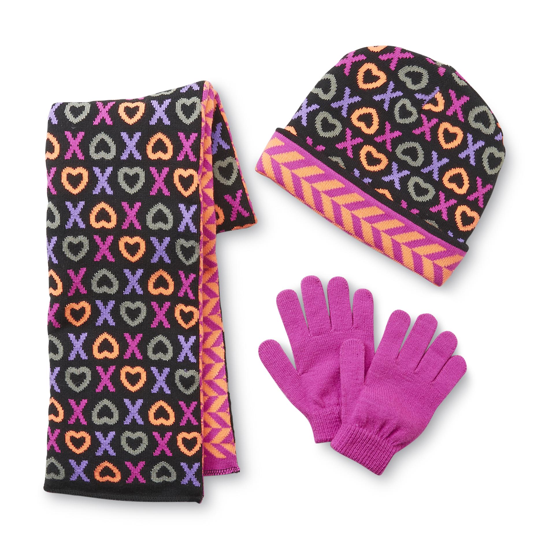Athletech Girl's Gloves & Reversible Hat & Scarf - Hearts & Chevron