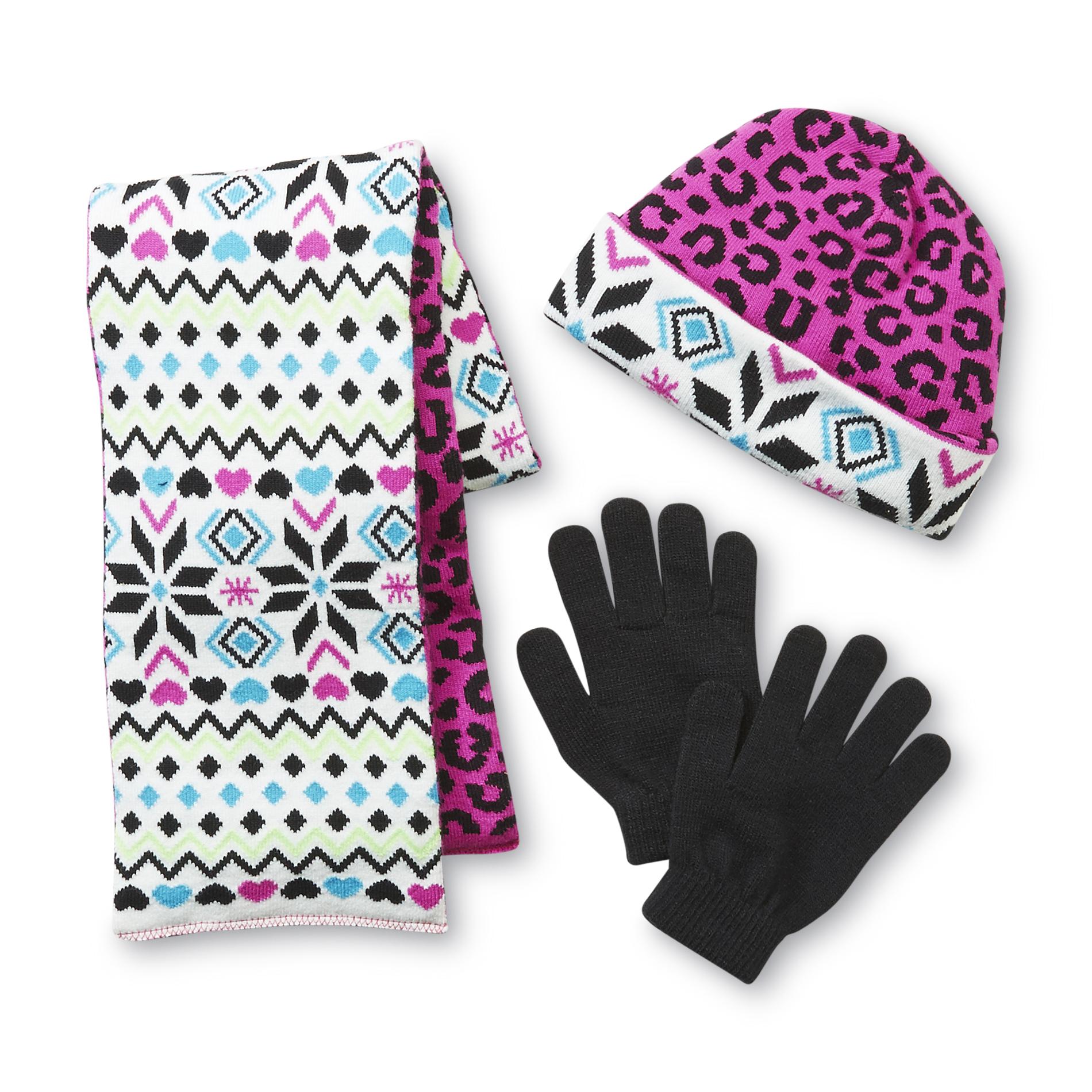 Athletech Girl's Gloves & Reversible Hat & Scarf - Leopard & Fair Isle