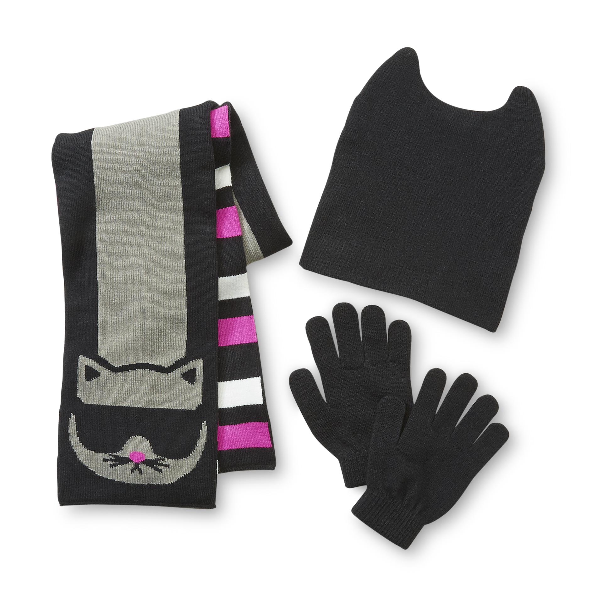 Athletech Girl's Gloves  Hat & Reversible Scarf - Cat & Stripes